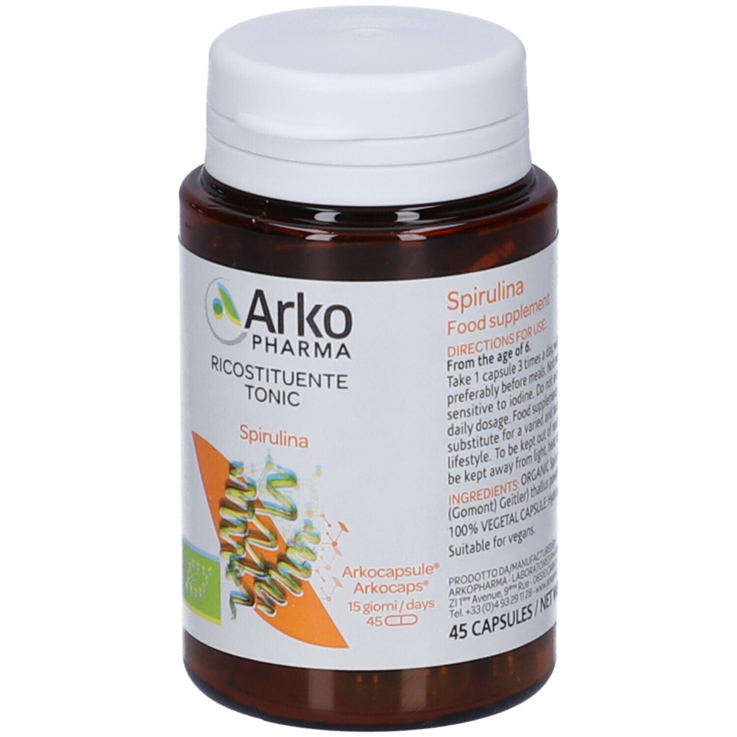 Flacone marrone con tappo bianco. Etichetta con nome del prodotto, illustrazione della spirulina e marca: ArkoPharma.