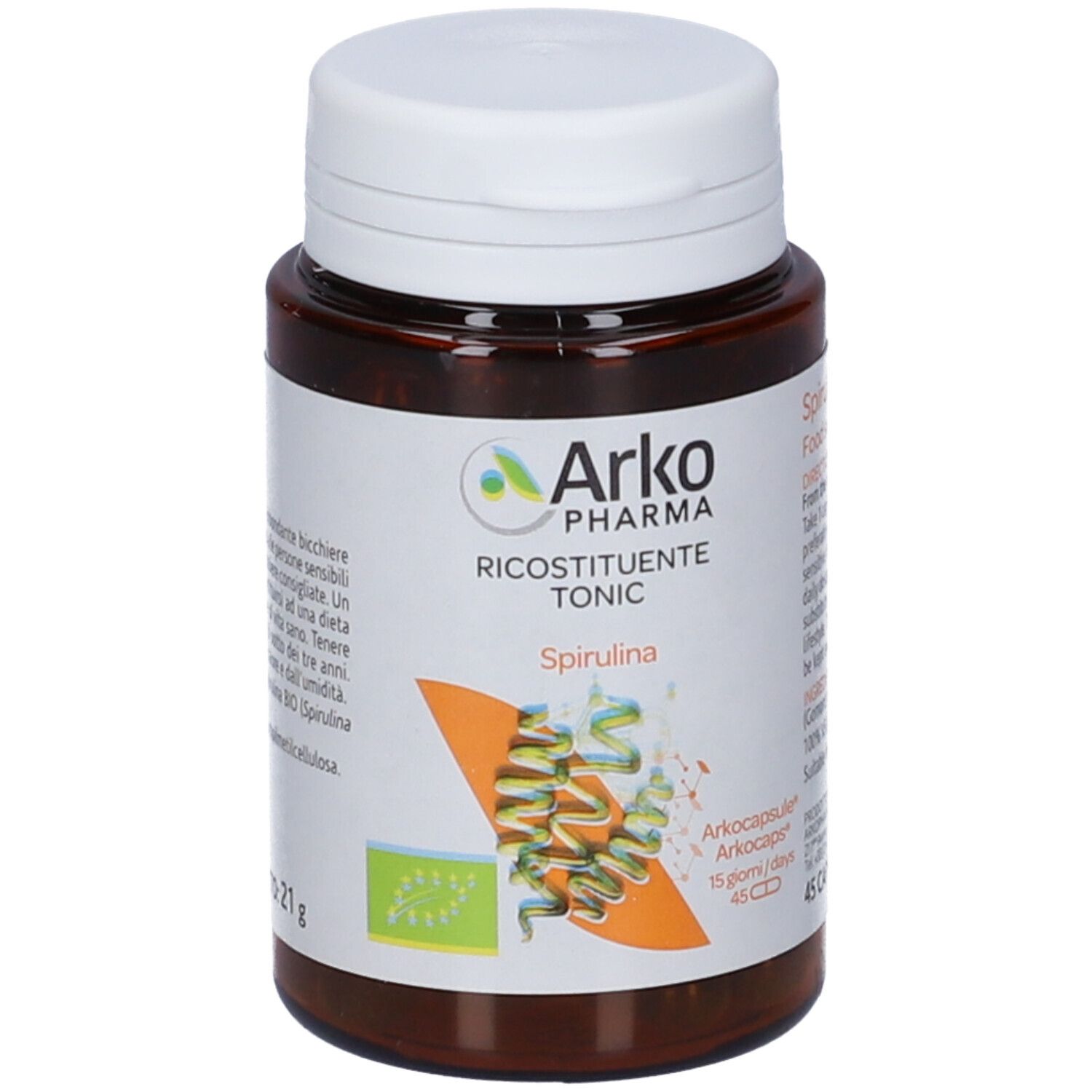 Flacone marrone con tappo bianco. Etichetta con nome del prodotto, illustrazione della spirulina e marca: ArkoPharma.