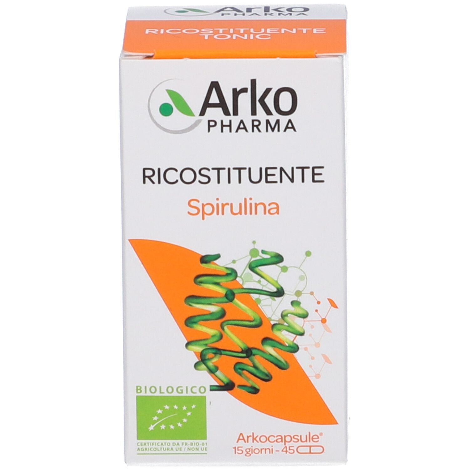 Scatola bianca con nome del prodotto, marchio ArkoPharma e illustrazione della spirulina.