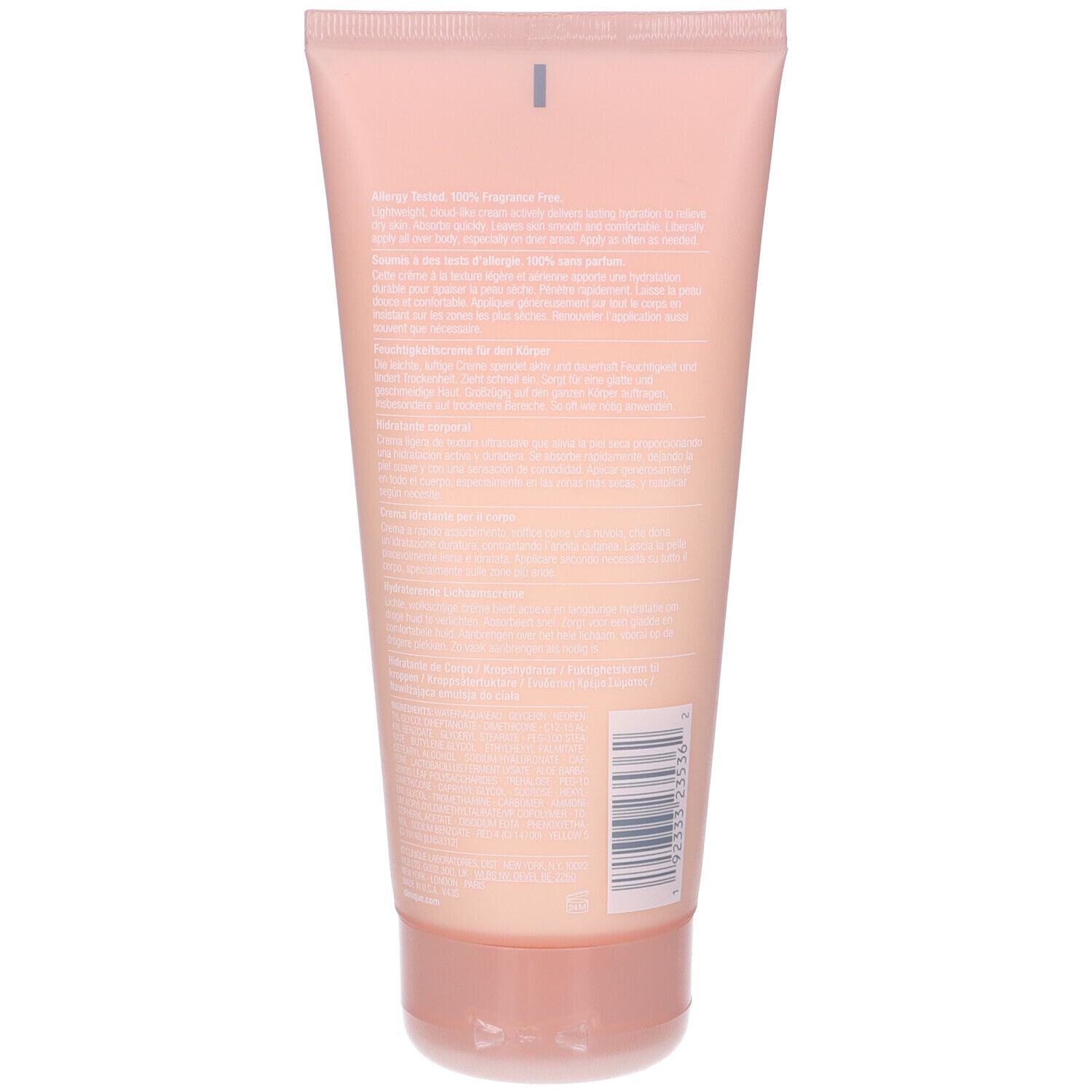 Retro di un tubo rosa con testo. Codice a barre in basso a destra.