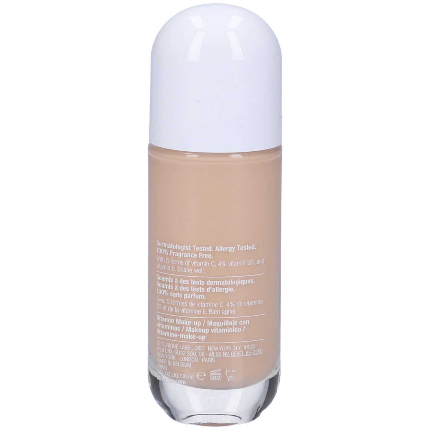 Retro del flacone Clinique Even Better Clinical Vitamin Makeup. Informazioni testuali, ingredienti e informazioni del produttore.