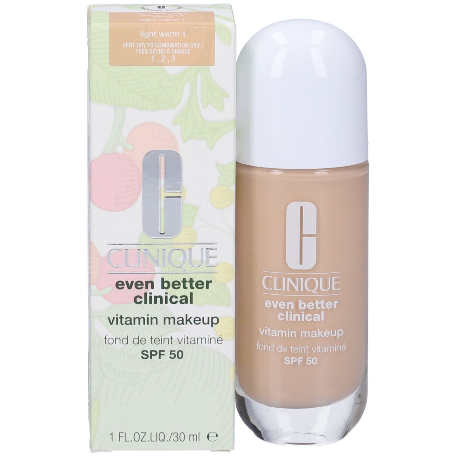 Clinique Even Better Clinical Vitamin Makeup con confezione. Tonalità chiara e calda. SPF 50. 1 FL.OZ.LIQ./30 ml.