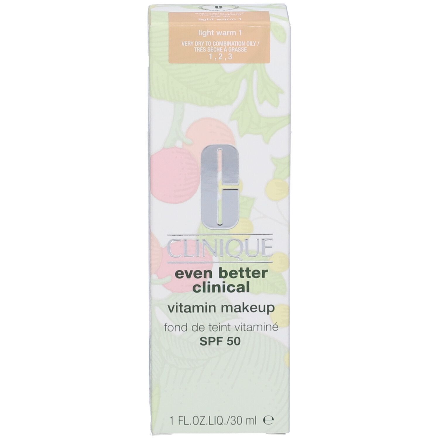 Confezione Clinique Even Better Clinical Vitamin Makeup. Tonalità chiara e calda. SPF 50. Testo e informazioni sul prodotto.