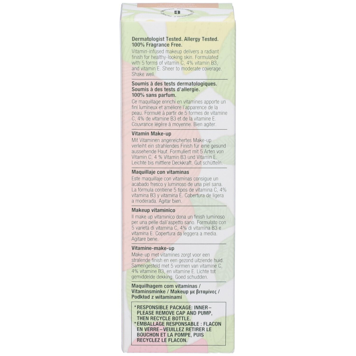 Retro della confezione Clinique Even Better Clinical Vitamin Makeup. Descrizione del prodotto in più lingue.