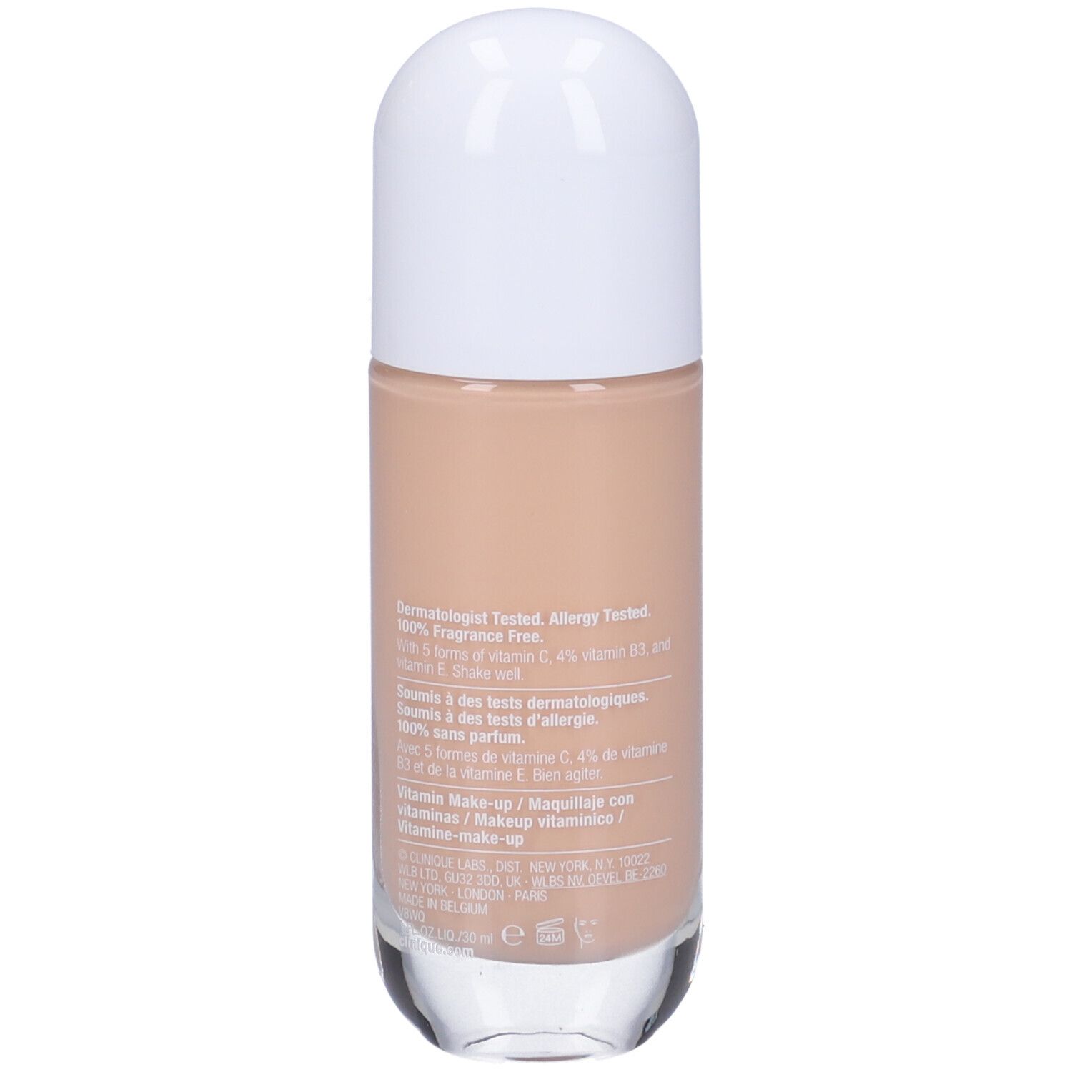 Retro del flacone Clinique Even Better Clinical Vitamin Makeup. Testato dermatologicamente, 100% senza profumo. Ingredienti e informazioni.
