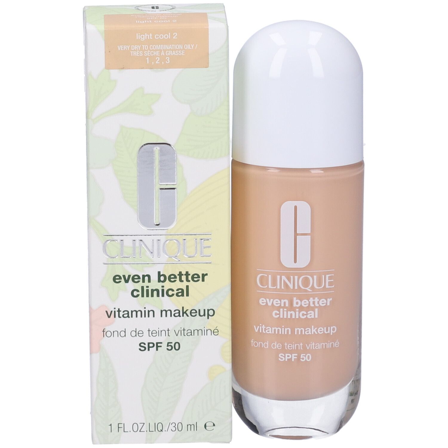 Clinique Even Better Clinical Vitamin Makeup con confezione. Prodotto e scatola affiancati. Testo: SPF 50, 1 FL.OZ.LIQ./30 ml.