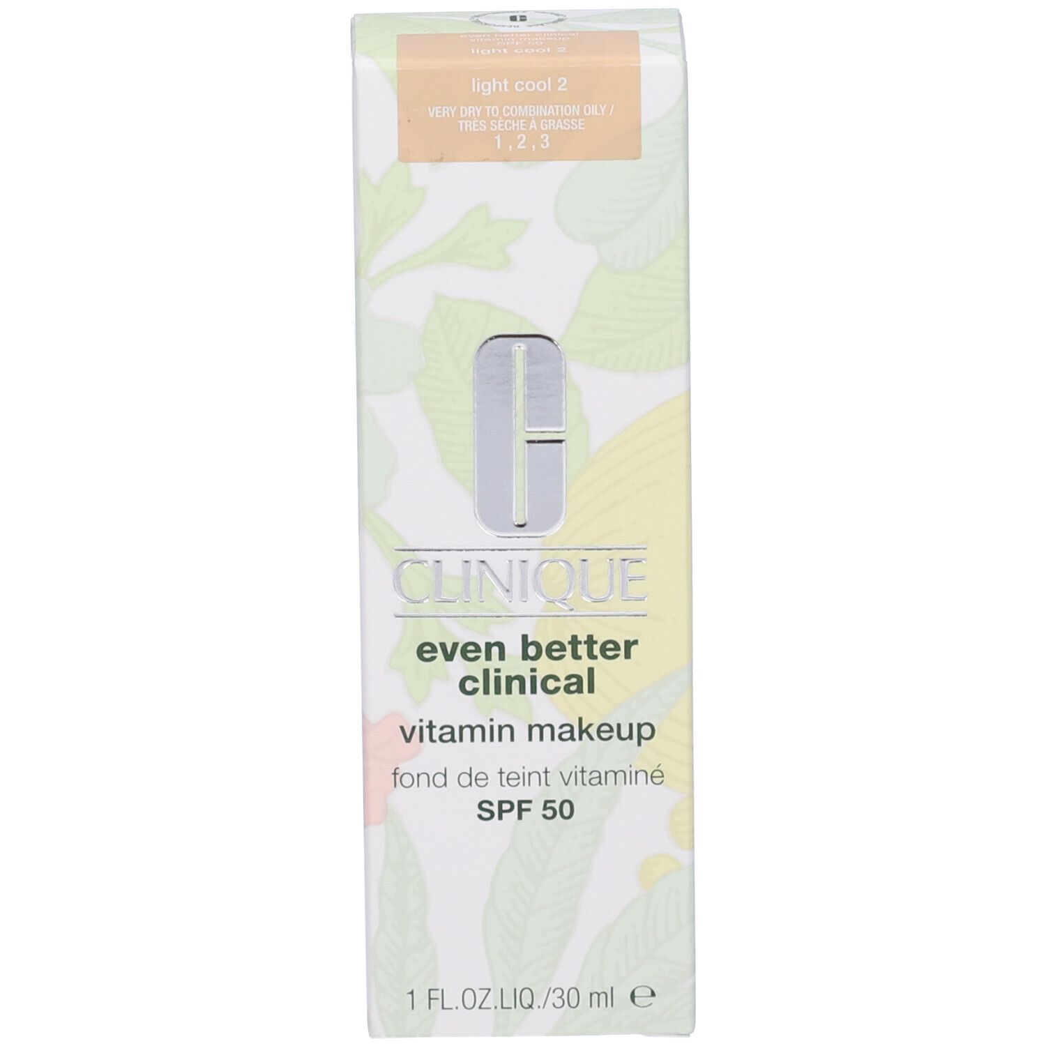 Confezione Clinique Even Better Clinical Vitamin Makeup. Testo: SPF 50, 1 FL.OZ.LIQ./30 ml. Tonalità Light Cool 1. Motivo floreale.