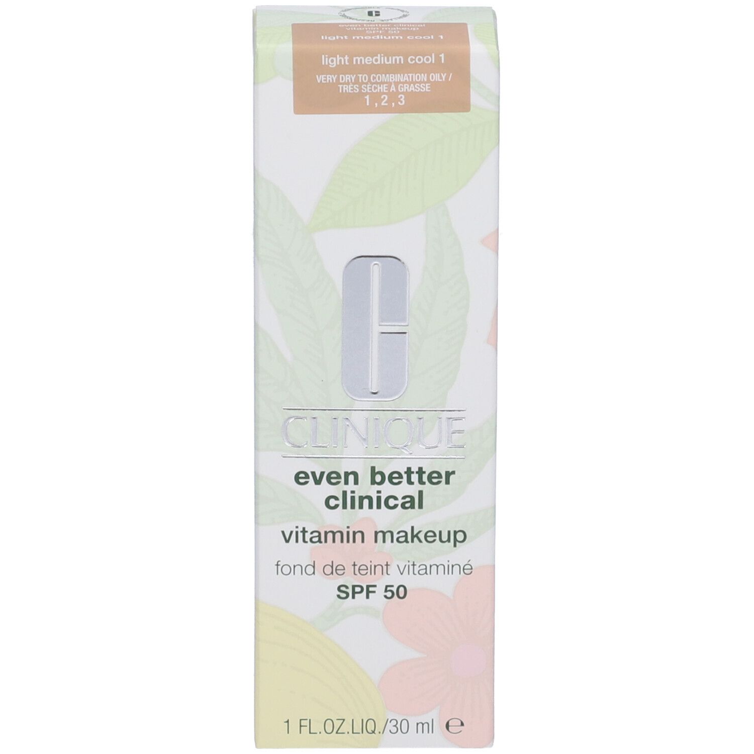 Confezione Even Better Clinical Vitamin Makeup SPF 50. Tonalità Light Medium Cool 1. Scritta Clinique, SPF 50.