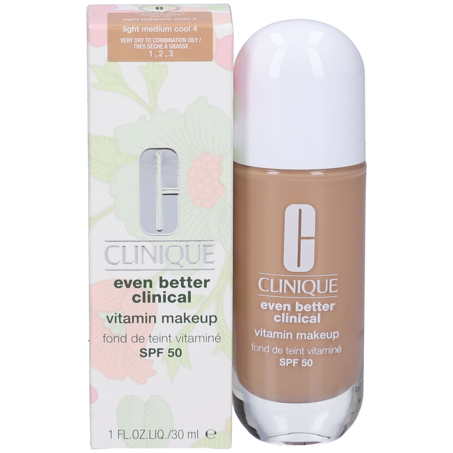 Flacone e confezione di fondotinta. Clinique Even Better Clinical Vitamin Makeup SPF 50. Tonalità Light Medium Cool 4.