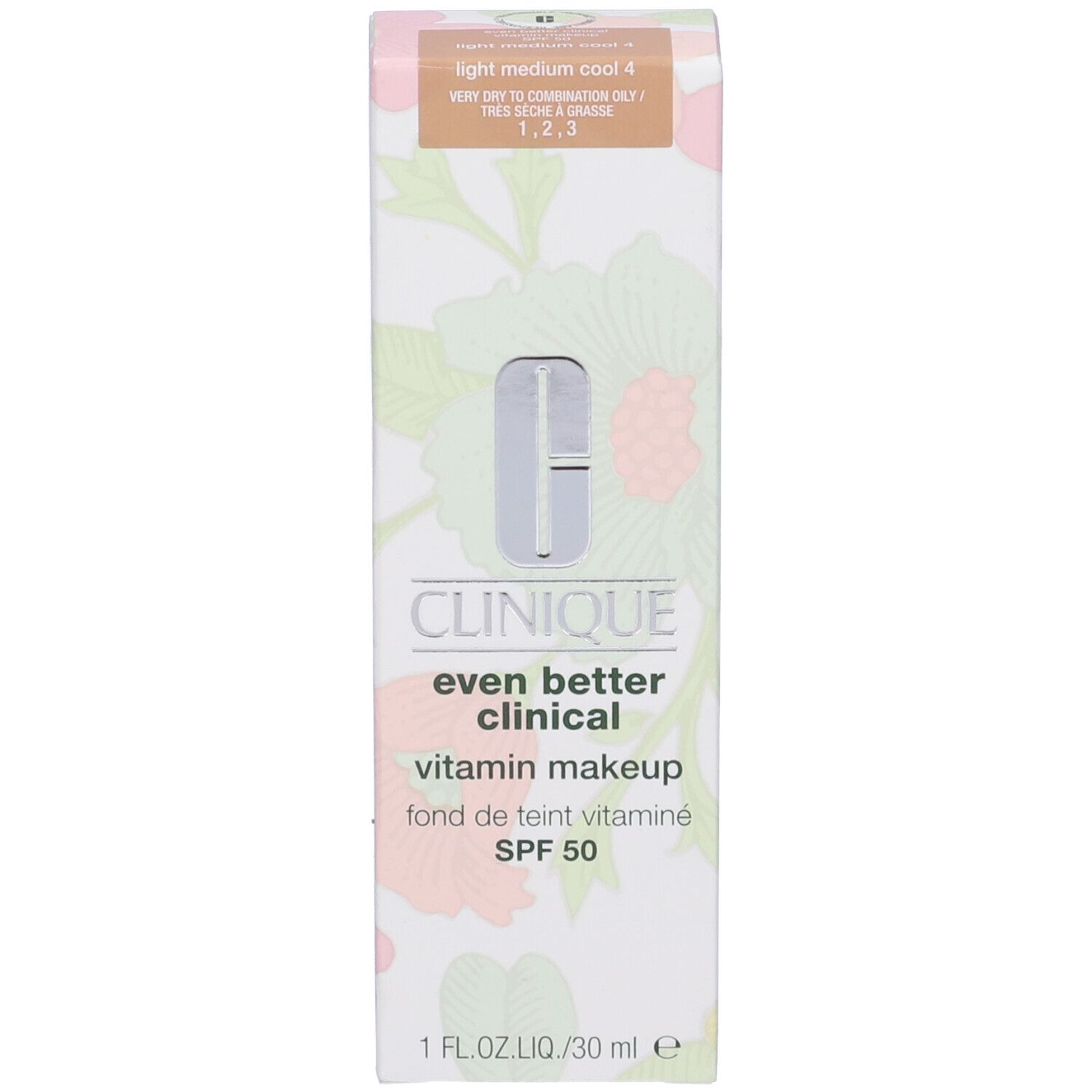 Confezione di fondotinta. Clinique Even Better Clinical Vitamin Makeup SPF 50. Tonalità Light Medium Cool 4.