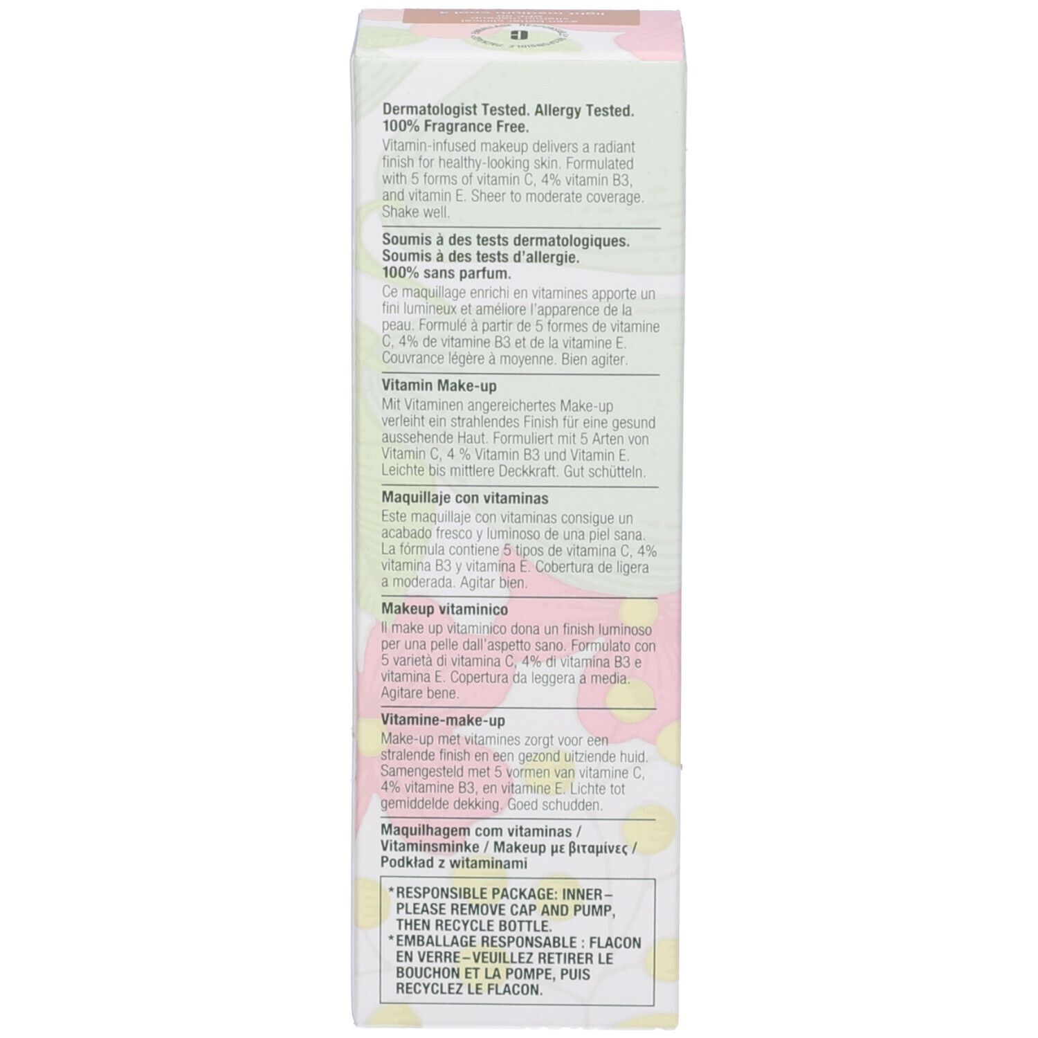 Testo sulla confezione. Testato dermatologicamente, senza profumo. Contiene vitamine C, B3 ed E. Marchio Clinique. Multilingue.