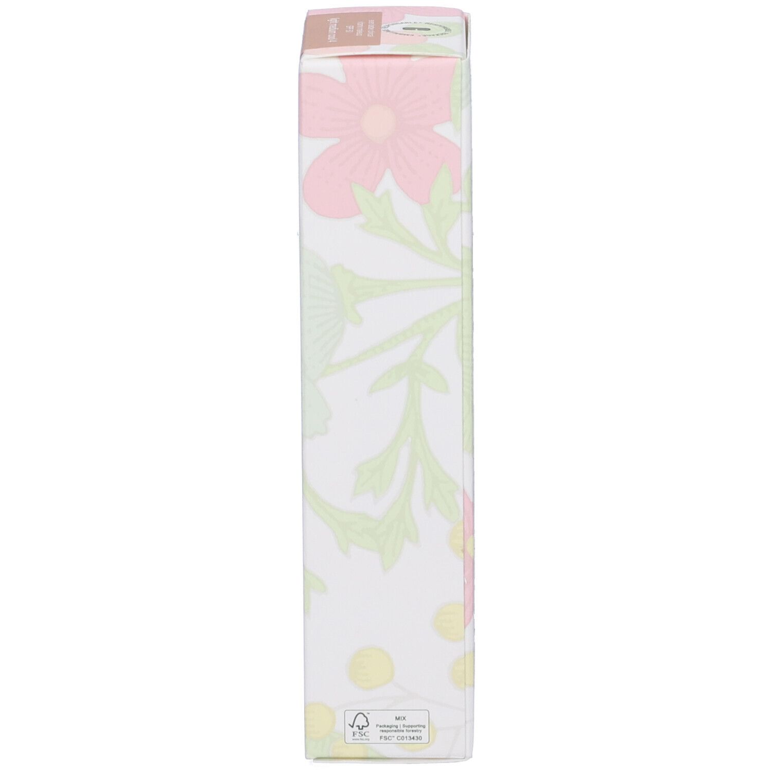 Vista laterale della confezione. Motivi floreali. Marchio Clinique. Testo multilingue.