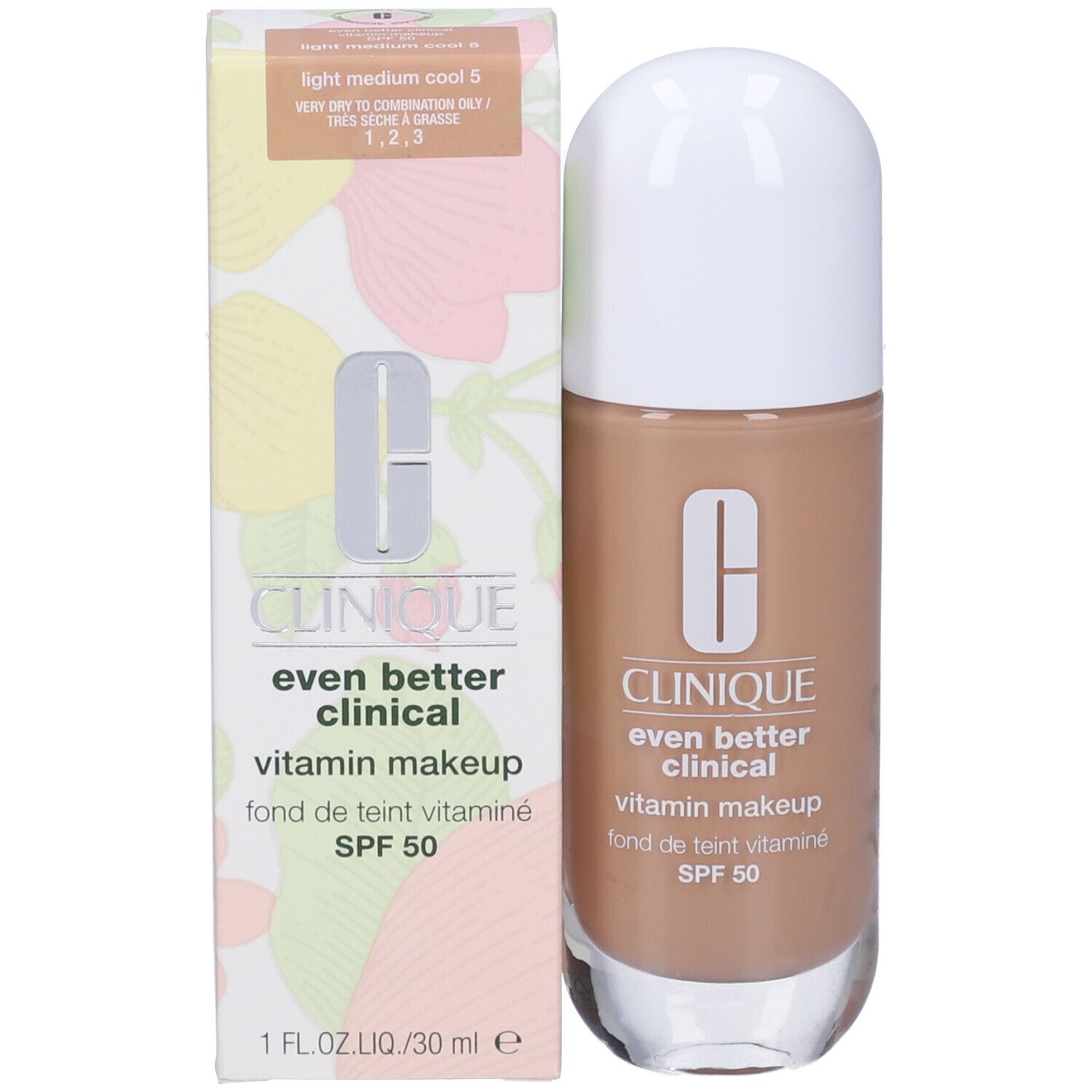 Flacone di trucco e confezione. Scritta: Clinique, Even Better Clinical, Vitamin Makeup, SPF 50. Tonalità: Light Medium Cool 5.