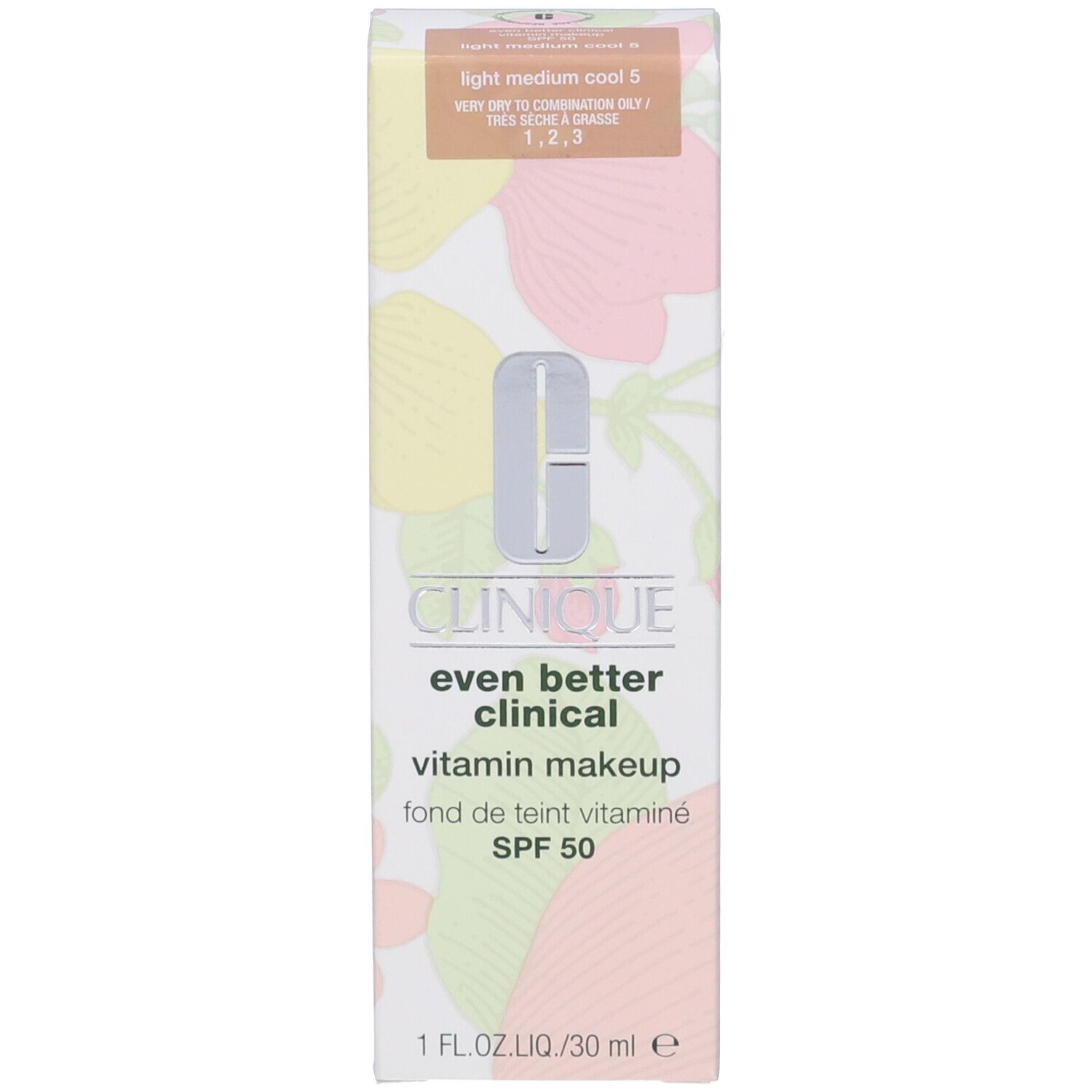 Confezione con tonalità di trucco. Scritta: Light Medium Cool 5. Clinique, Even Better Clinical, Vitamin Makeup, SPF 50.