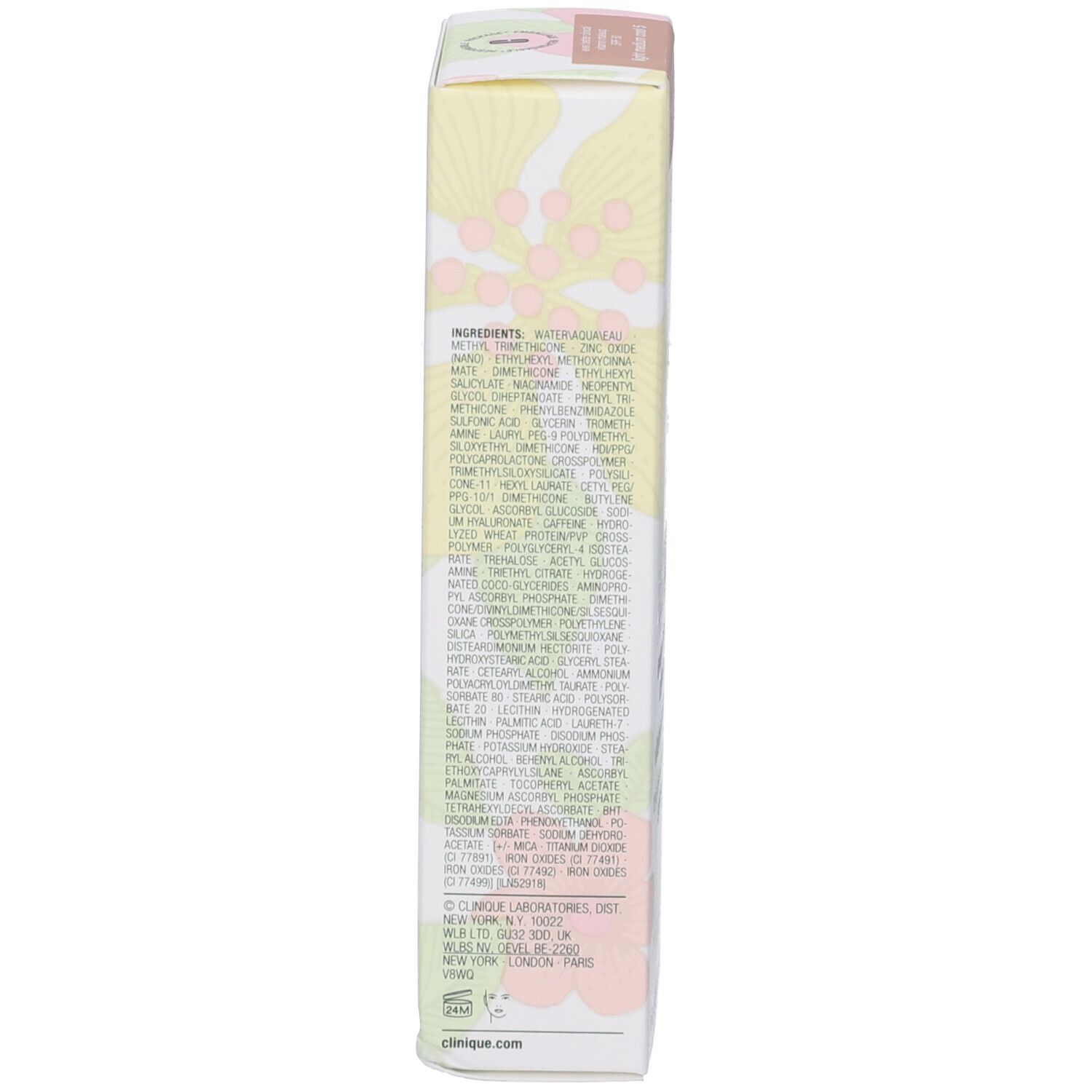 Confezione con ingredienti. Testo: Ingredienti, acqua, biossido di titanio, ossido di zinco, ecc. Motivi floreali, rosa e giallo.