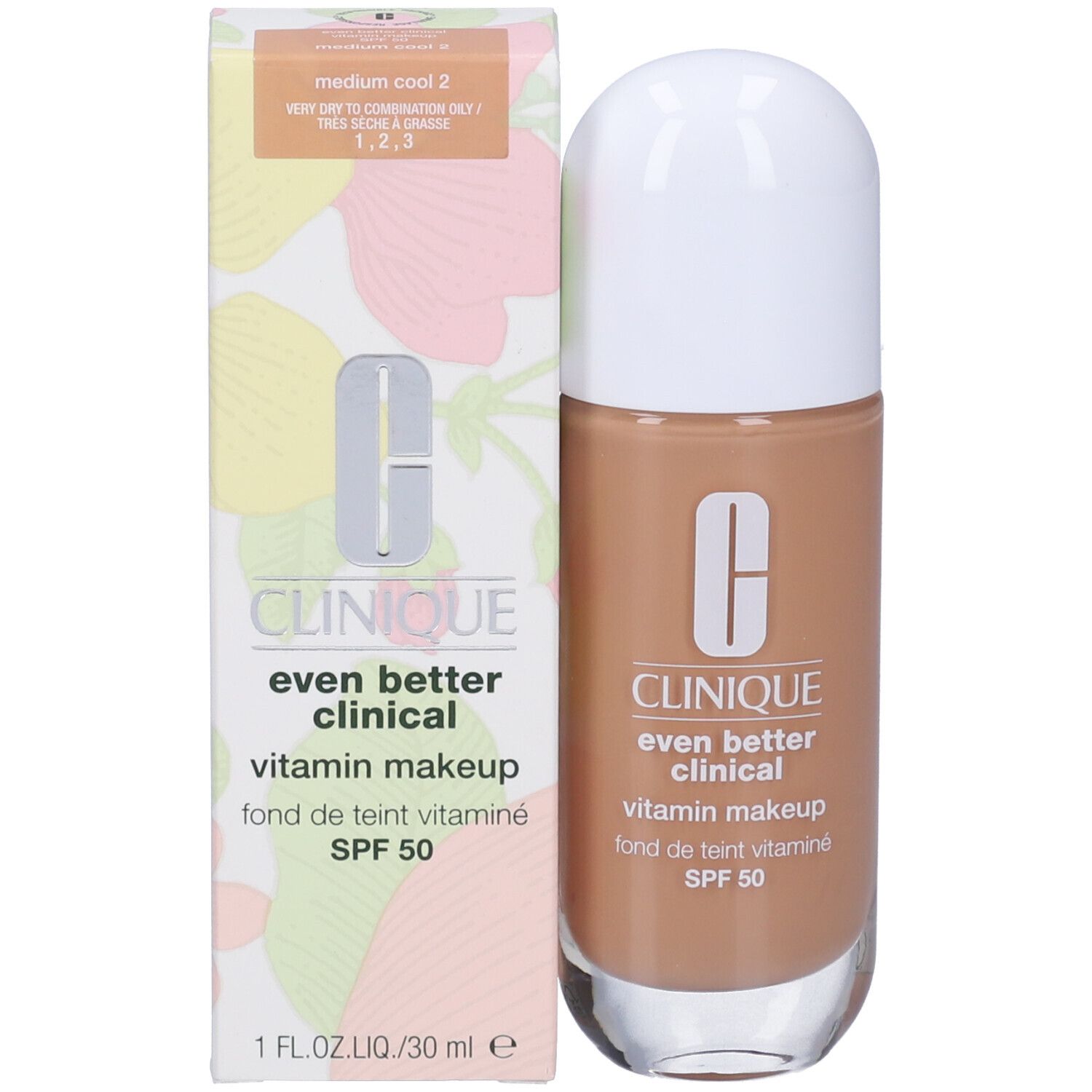 Flacone di trucco e confezione. Flacone con tappo bianco. Confezione con scritta: Clinique, Even Better Clinical, Vitamin Makeup, SPF 50.