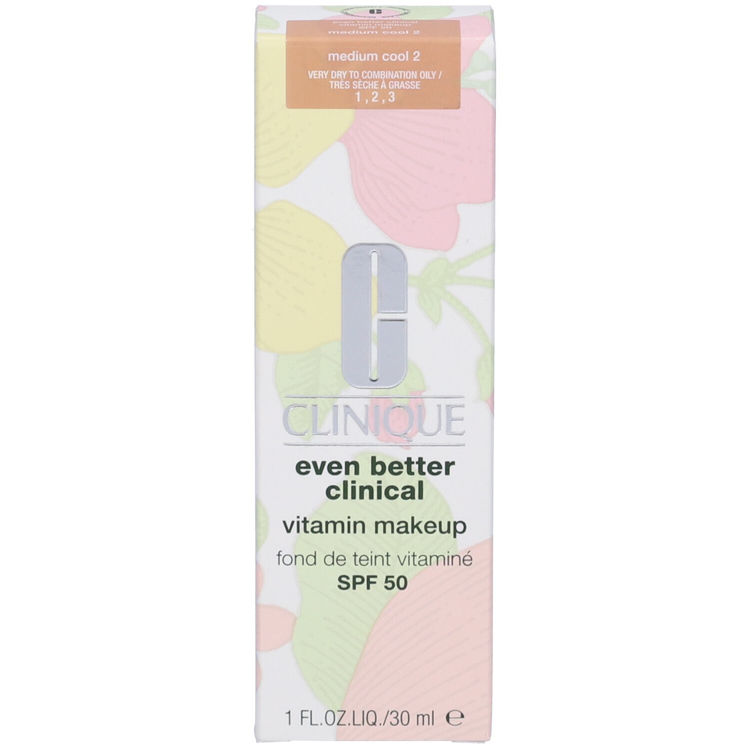 Confezione con scritta: Clinique, Even Better Clinical, Vitamin Makeup, SPF 50. Tonalità. Testo: 1 FL.OZ.LIQ./30 ml e.