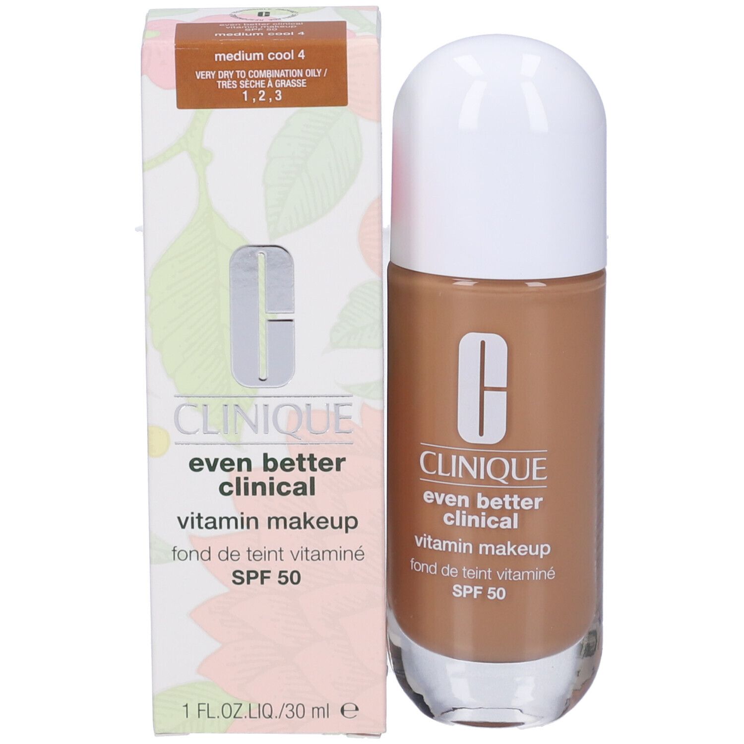 Flacone di trucco e confezione. Confezione con nome del prodotto e tonalità. Flacone con tappo bianco, liquido marrone.