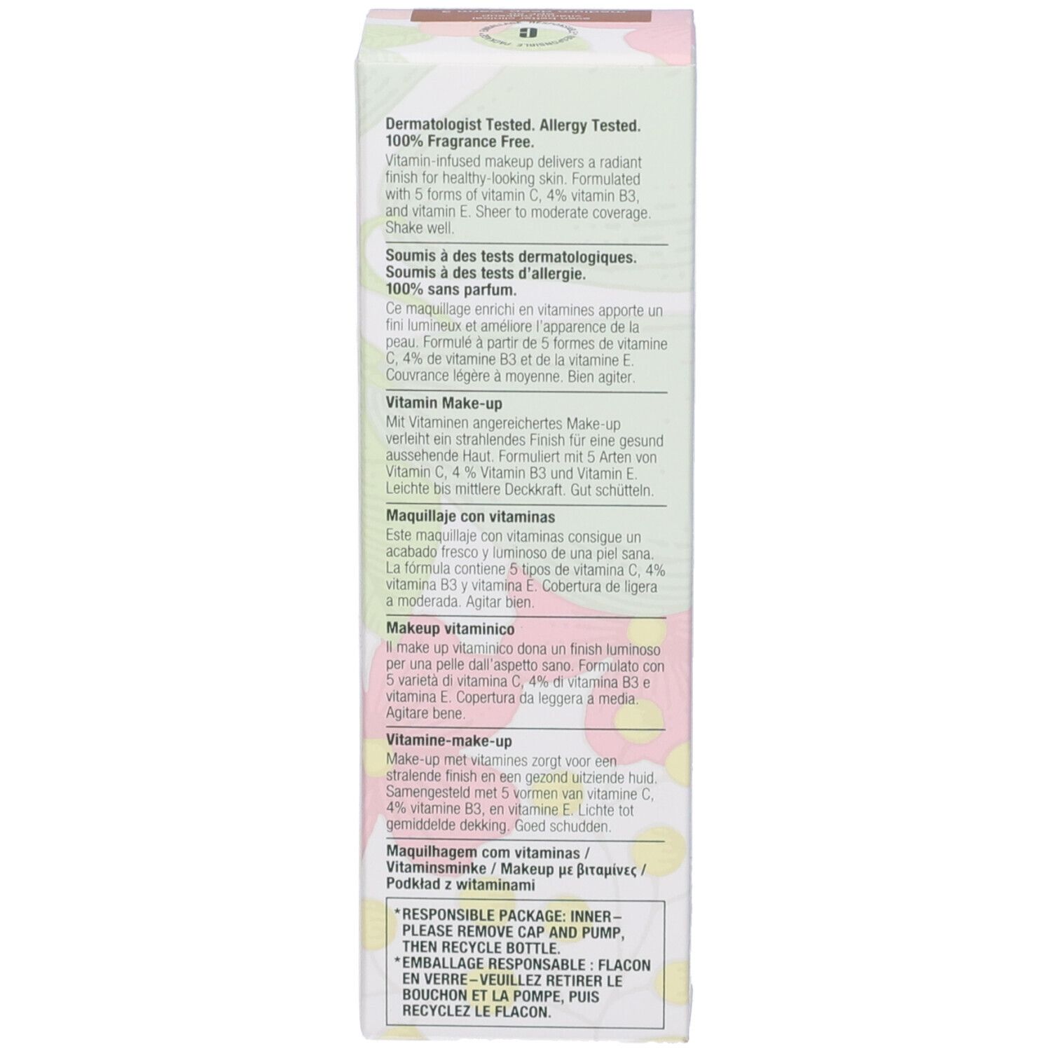 Confezione Clinique Even Better Clinical Vitamin Makeup. Testo: testato dermatologicamente, 100% senza profumo.