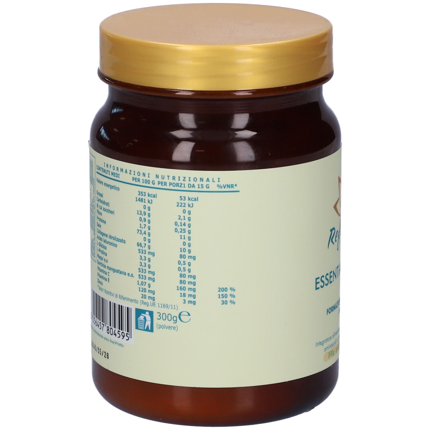 Barattolo marrone con coperchio dorato. Scritta: Reflower Essential Collage. Informazioni nutrizionali e testo in italiano.