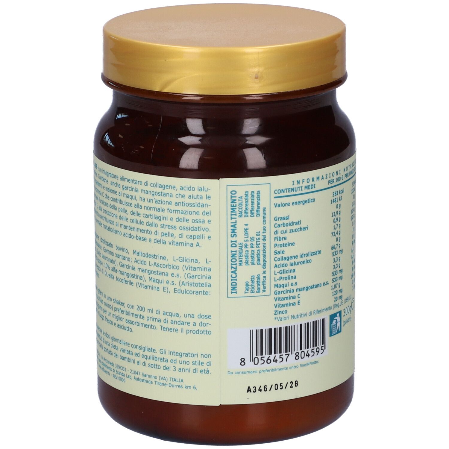 Barattolo marrone con coperchio dorato. Scritta: Reflower Essential Collage. Testo in italiano. Elenco ingredienti.