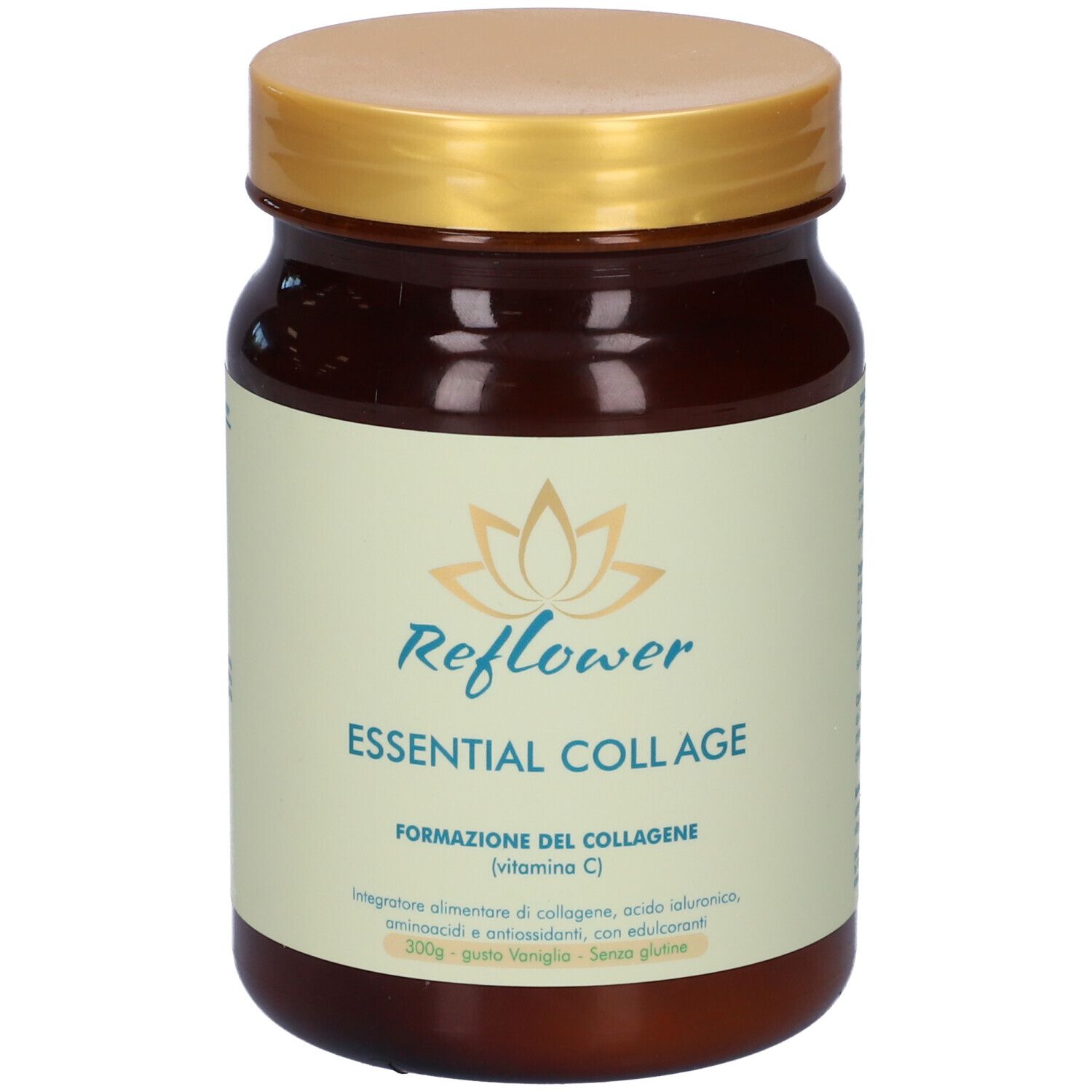 Barattolo marrone con coperchio dorato. Scritta: Reflower Essential Collage. Testo in italiano.