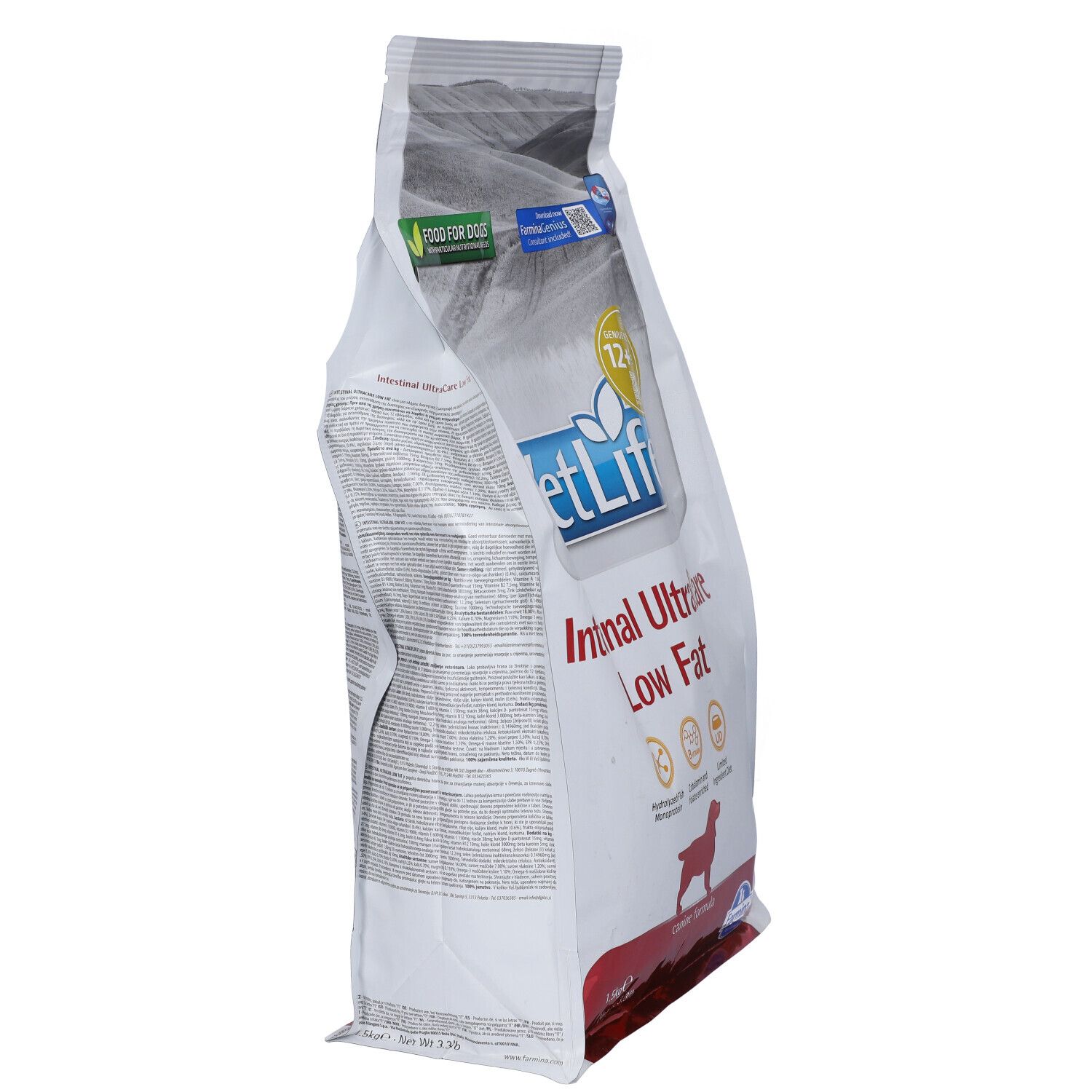 Vista laterale del sacchetto di cibo per cani Vet Life Intestinal UltraCare Low Fat. Testo e loghi visibili. Parzialmente aperto.