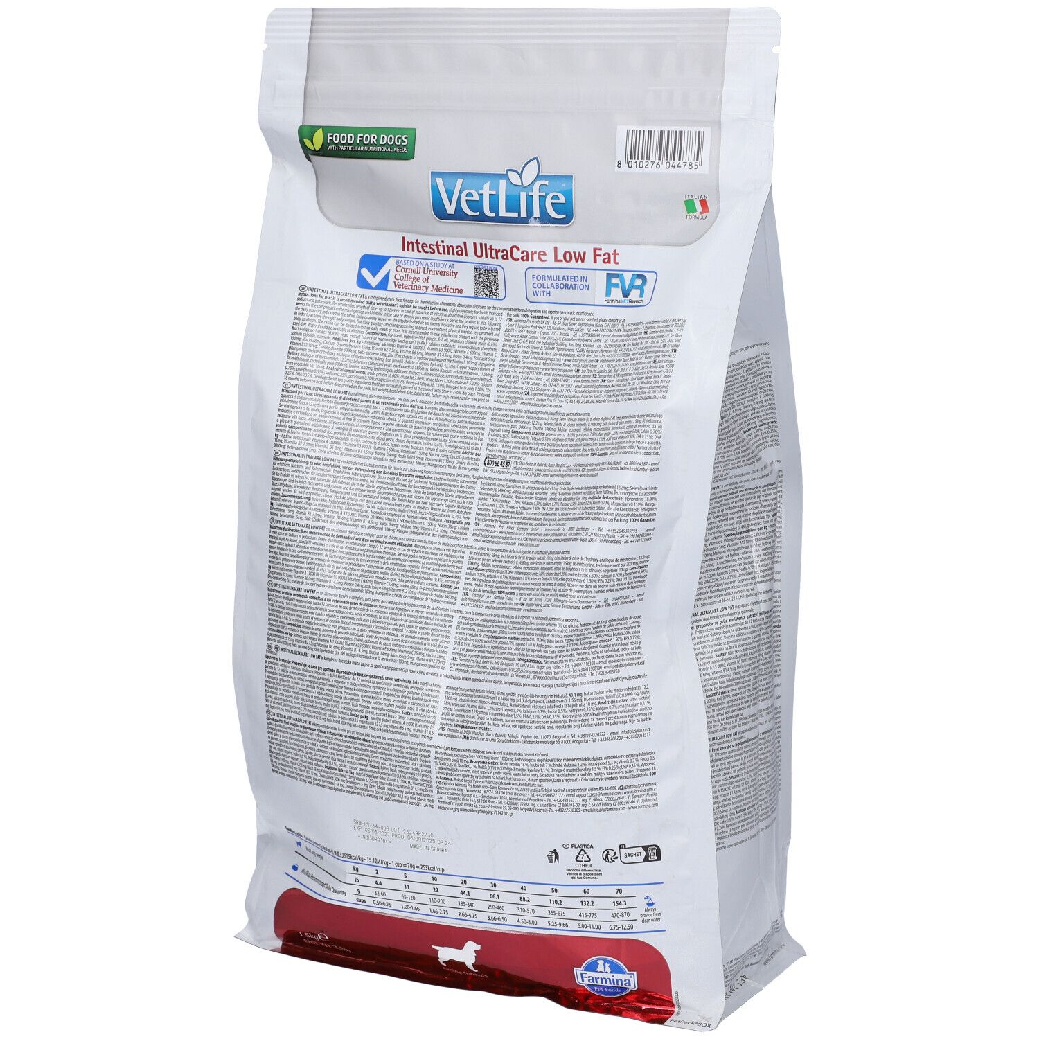 Retro del sacchetto di cibo per cani Vet Life Intestinal UltraCare Low Fat. Testo e loghi visibili. Bandiera italiana.