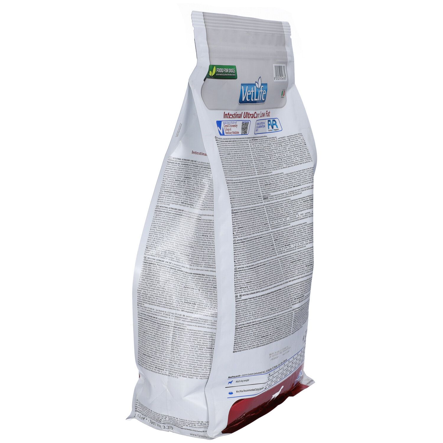 Vista laterale del sacchetto di cibo per cani Vet Life Intestinal UltraCare Low Fat. Testo e loghi visibili. Parzialmente aperto.