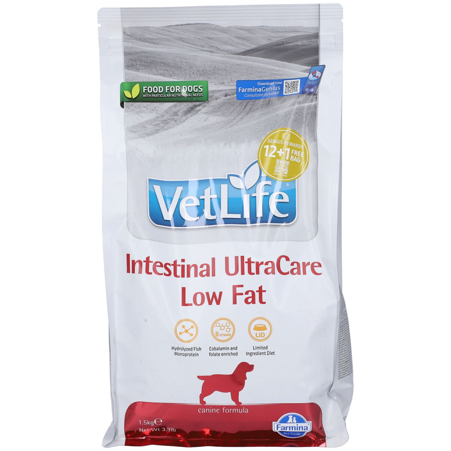 Vista frontale del sacchetto di cibo per cani Vet Life Intestinal UltraCare Low Fat. Loghi e informazioni sul prodotto. Cane rosso su fascia rossa.