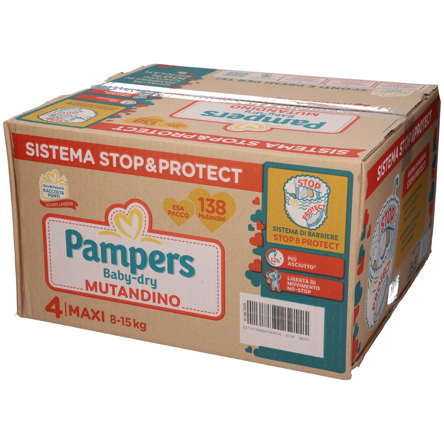Confezione Pampers Baby-dry Mutandino Esa Maxi. 4 Maxi pannolini, 8-15 kg. Sistema Stop&Protect. 138 pannolini.