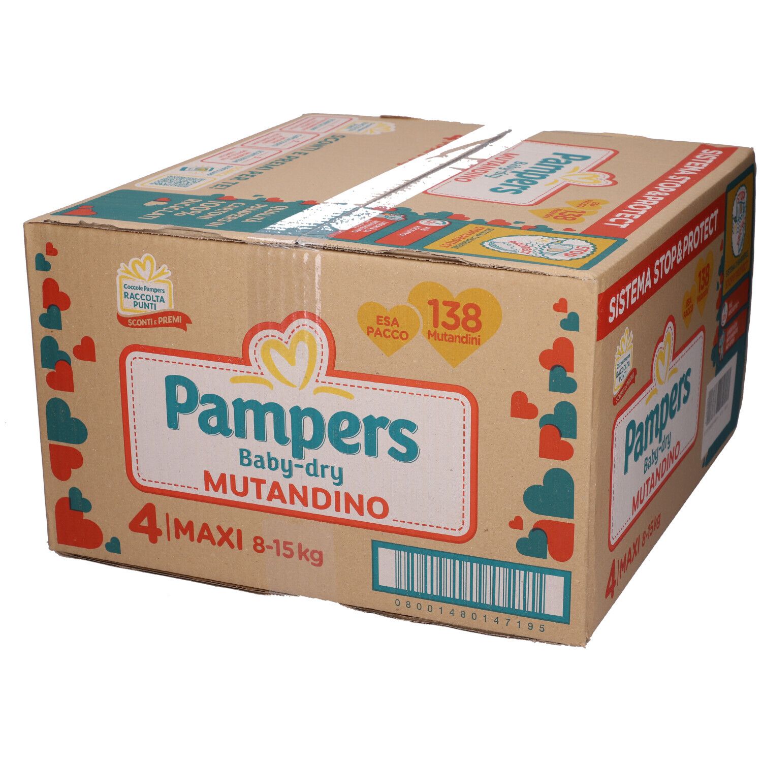 Confezione Pampers Baby-dry Mutandino Esa Maxi. 4 Maxi pannolini, 8-15 kg. Sistema Stop&Protect. 138 pannolini.