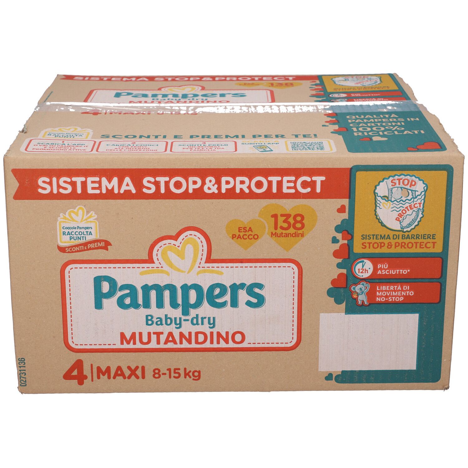 Confezione Pampers Baby-dry Mutandino Esa Maxi. 4 Maxi pannolini, 8-15 kg. Sistema Stop&Protect. 138 pannolini.