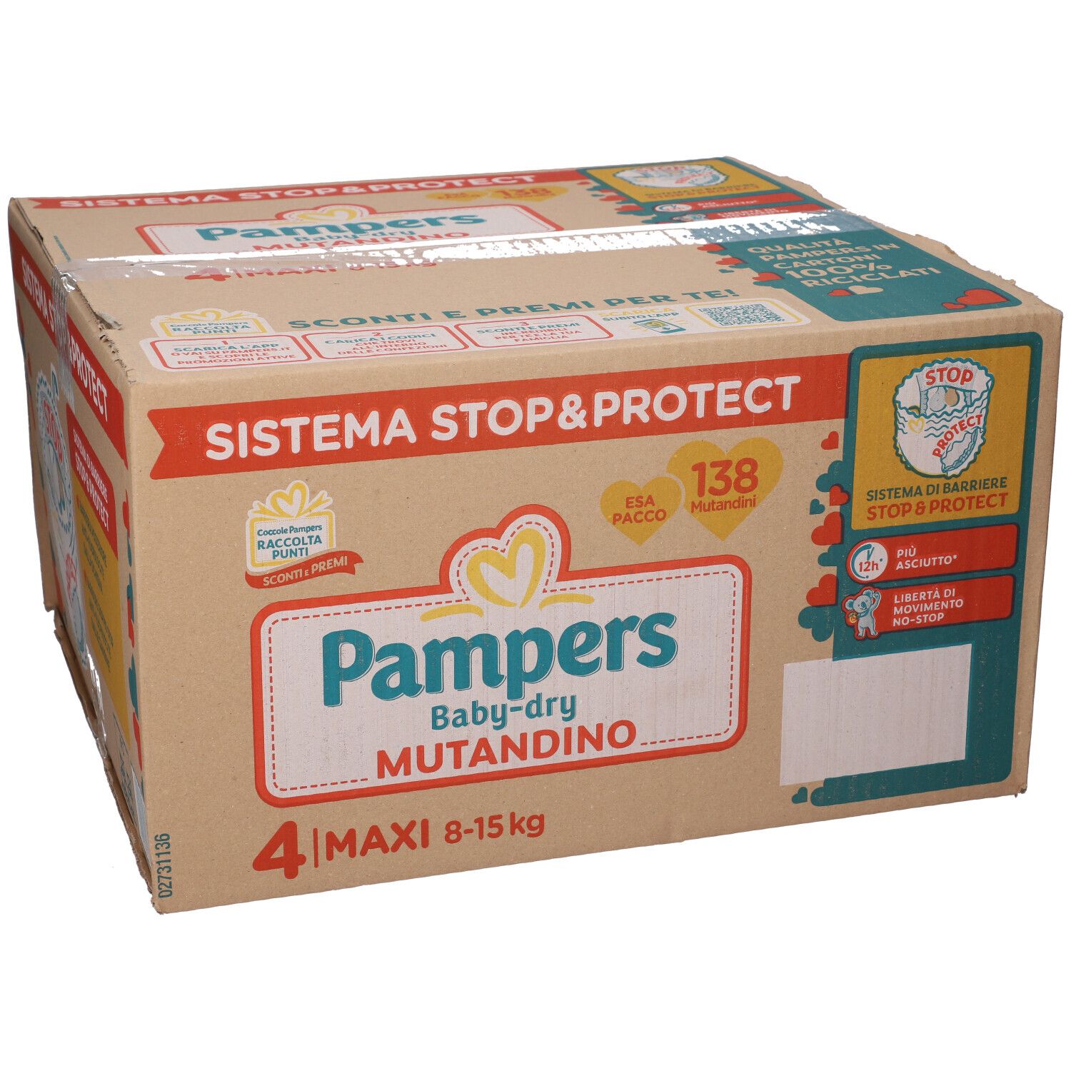 Confezione Pampers Baby-dry Mutandino Esa Maxi. 4 Maxi pannolini, 8-15 kg. Sistema Stop&Protect. 138 pannolini.