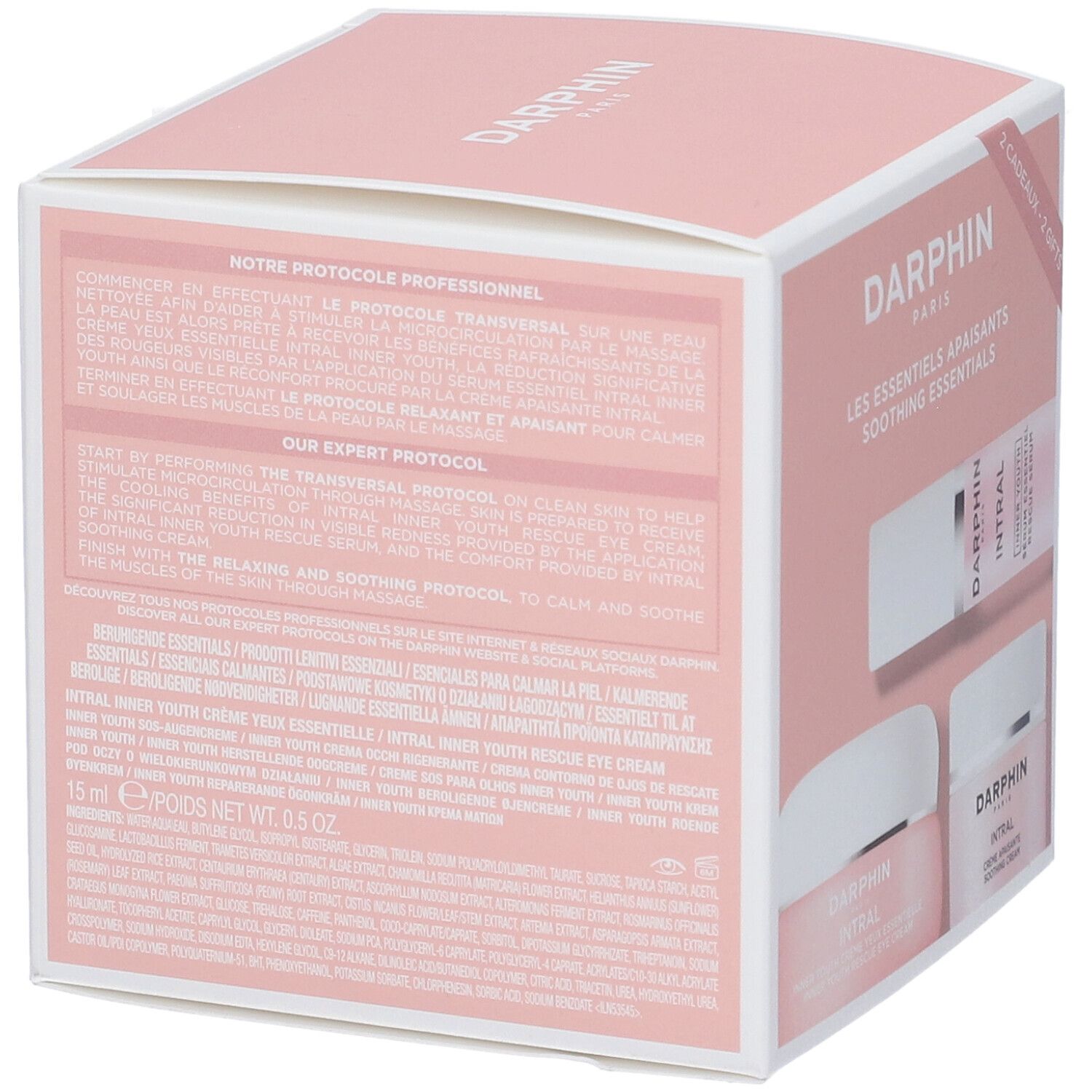 Retro della confezione regalo Darphin. Testo multilingue. Informazioni sui prodotti e il loro utilizzo.