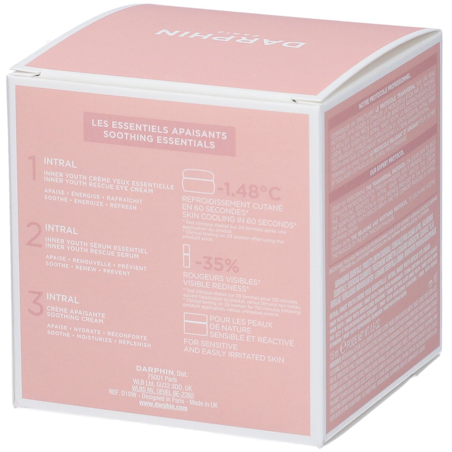 Lato della confezione regalo Darphin. Testo multilingue. Informazioni sui prodotti e i loro benefici.