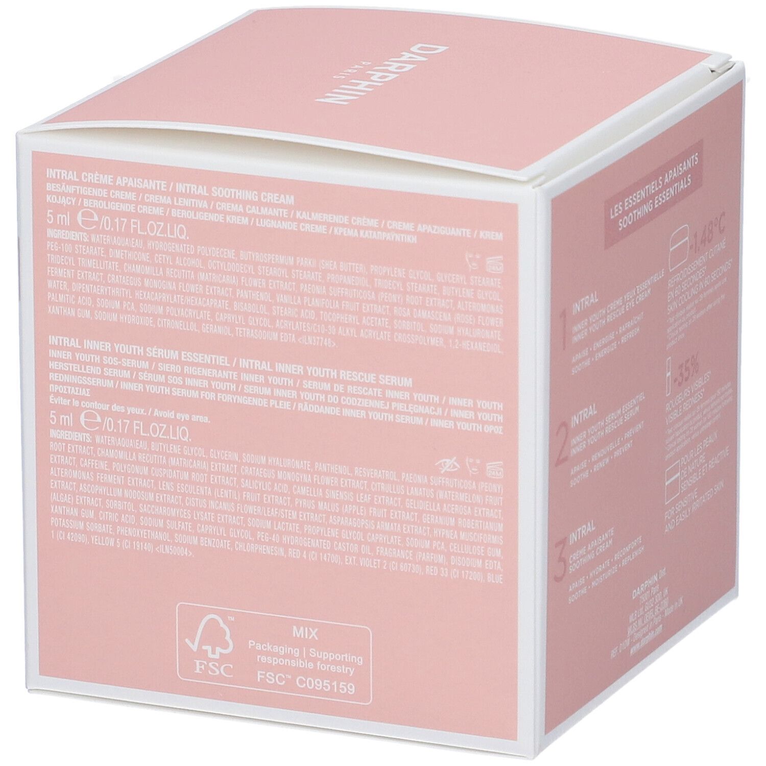 Lato della confezione regalo Darphin. Testo multilingue. Informazioni sui prodotti e i loro ingredienti.