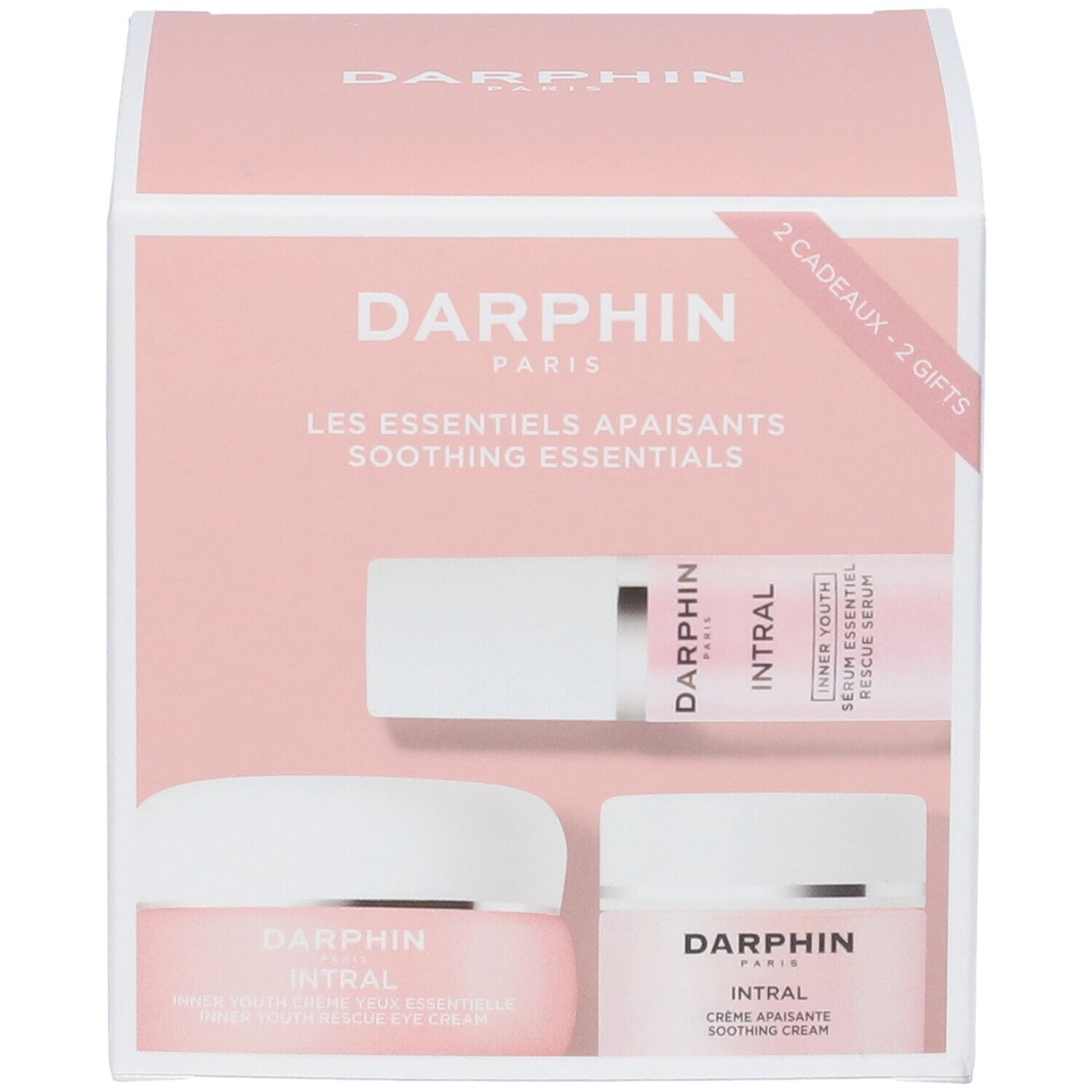 Confezione regalo Darphin. Contiene siero, crema occhi e crema. Confezione rosa con nomi e loghi dei prodotti.