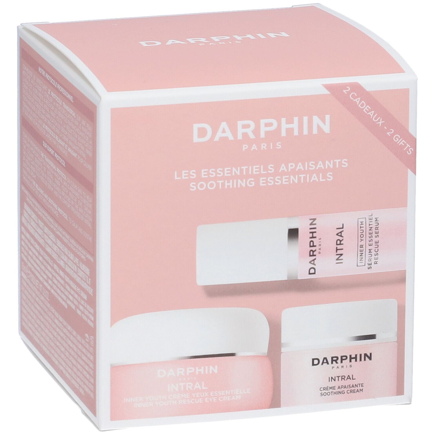 Confezione regalo Darphin. Contiene siero, crema occhi e crema. Confezione rosa con nomi e loghi dei prodotti.