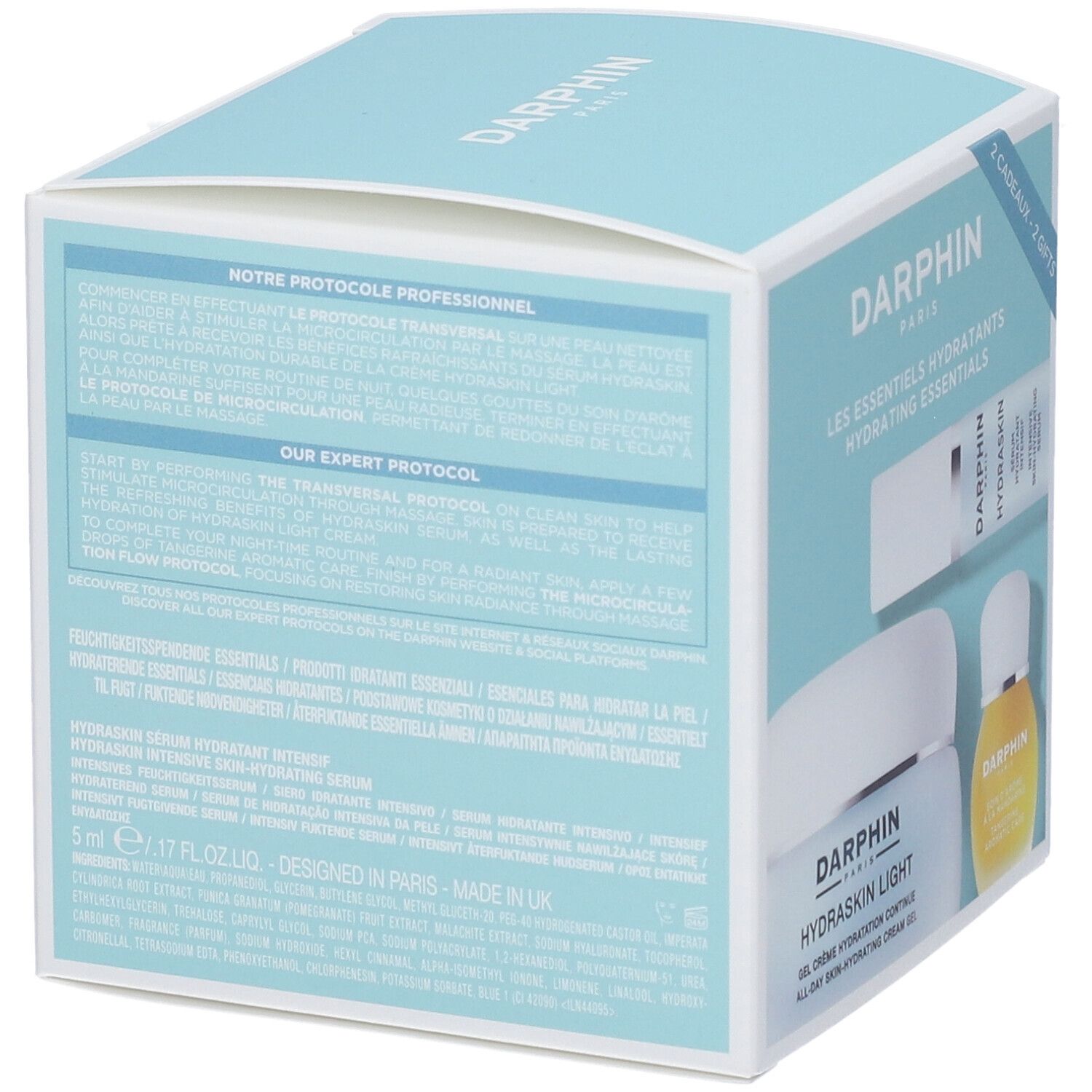 Retro della confezione regalo Darphin. Testo multilingue. Contiene nomi e informazioni sui prodotti.