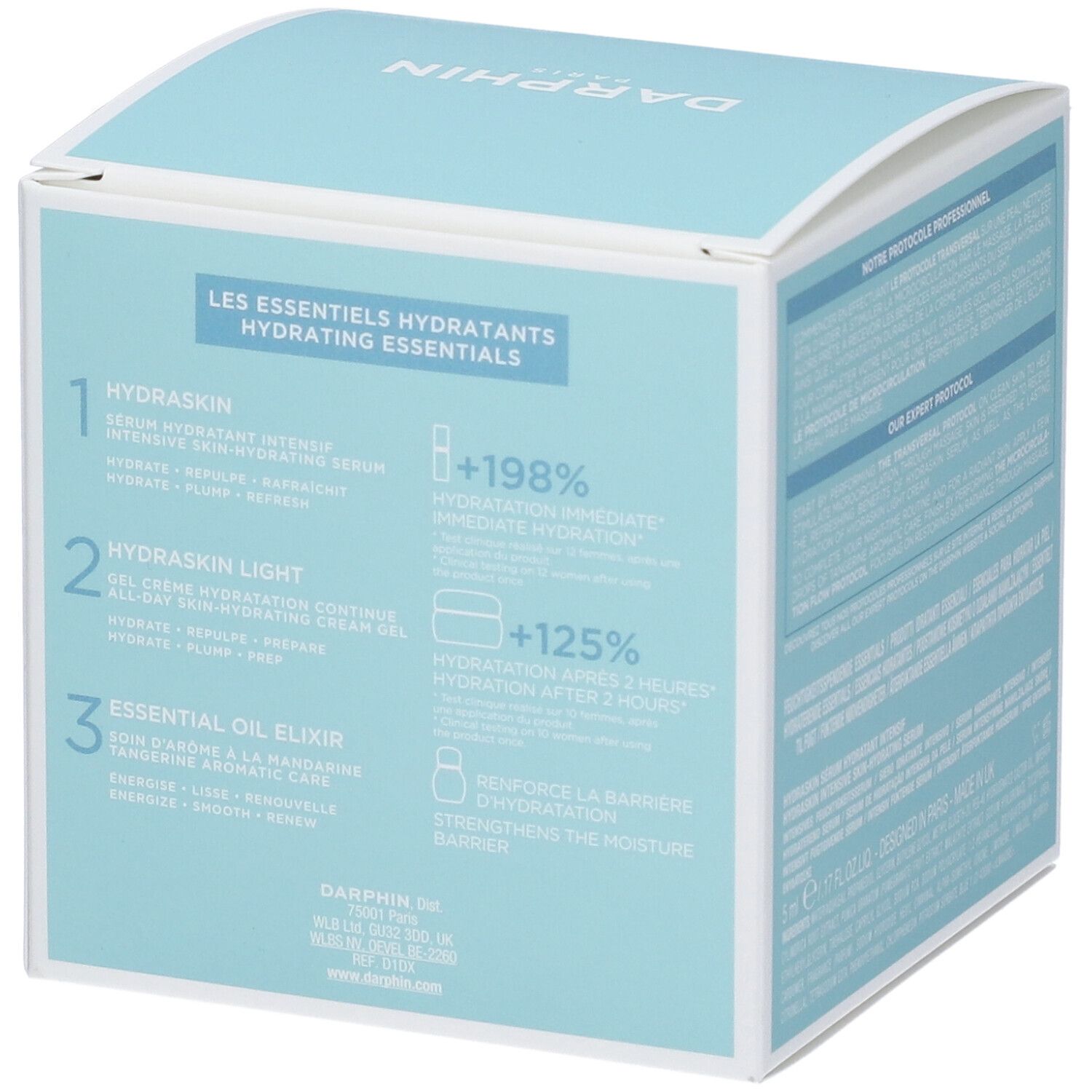 Retro della confezione regalo Darphin. Testo con informazioni e grafici. Confezione azzurra.