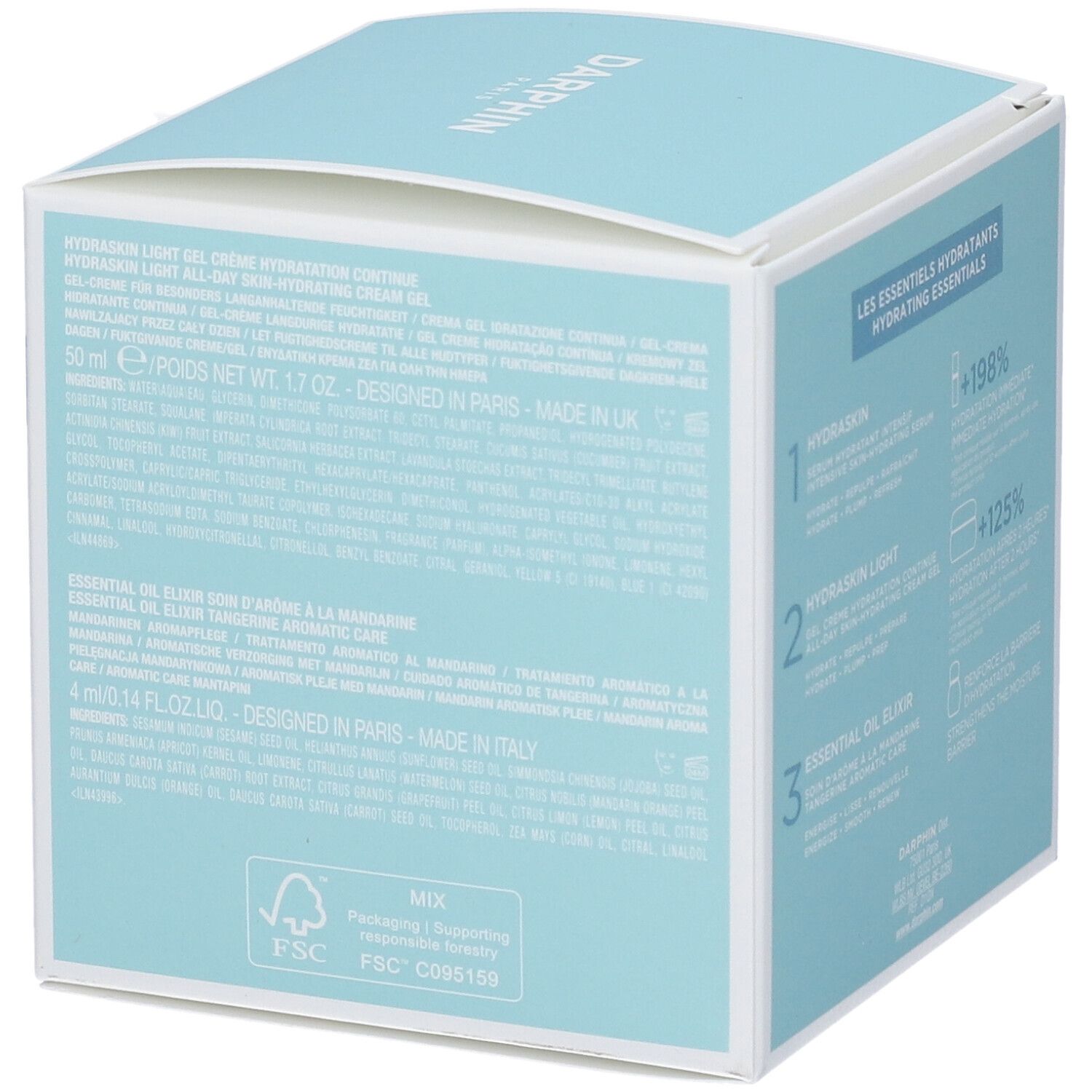 Retro della confezione regalo Darphin. Testo multilingue. Logo FSC. Confezione azzurra.