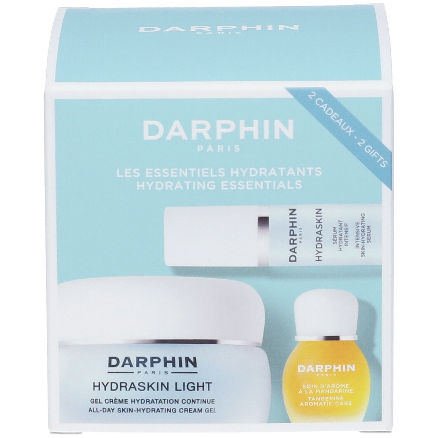 Confezione regalo Darphin con prodotti. Contiene siero, crema e olio. Confezione azzurra.