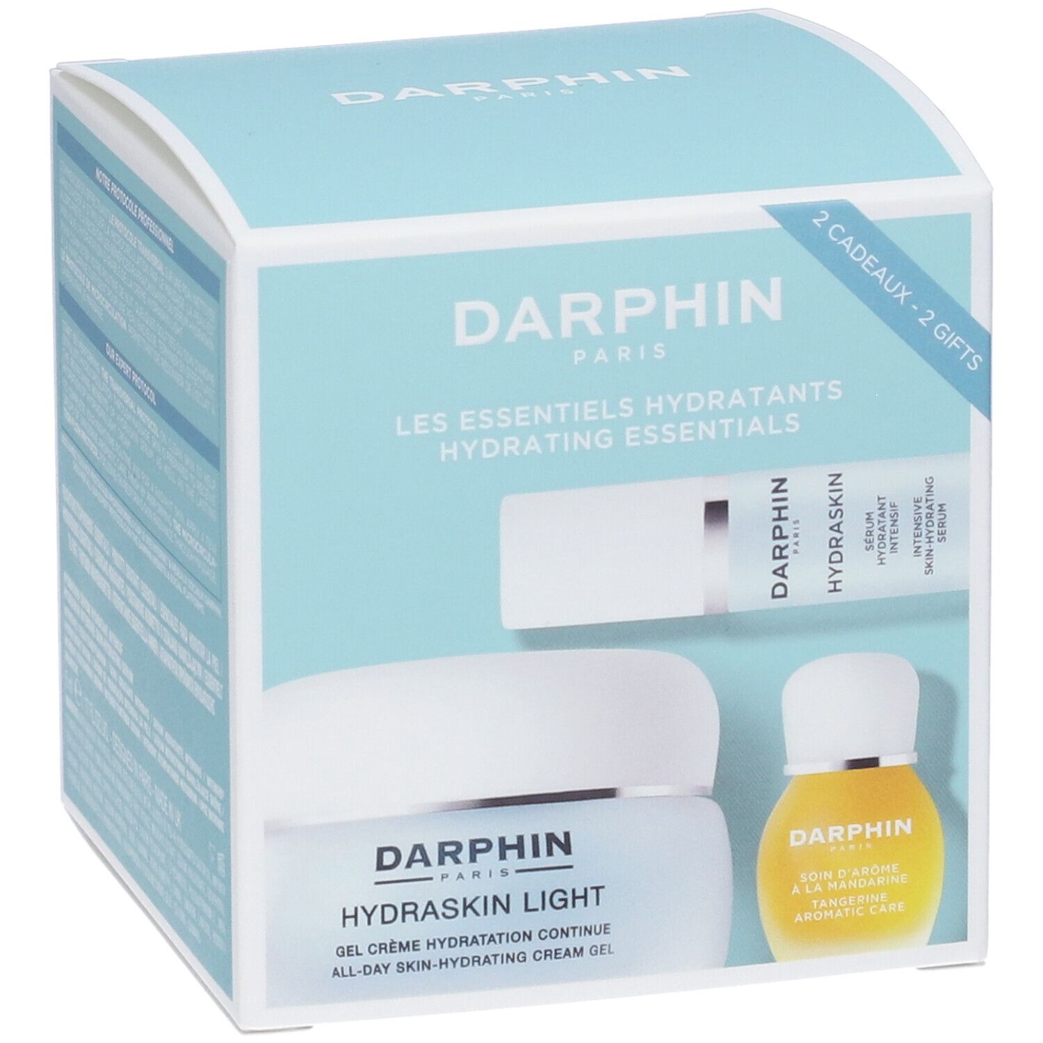 Confezione regalo Darphin con prodotti. Contiene siero, crema e olio. Confezione azzurra.