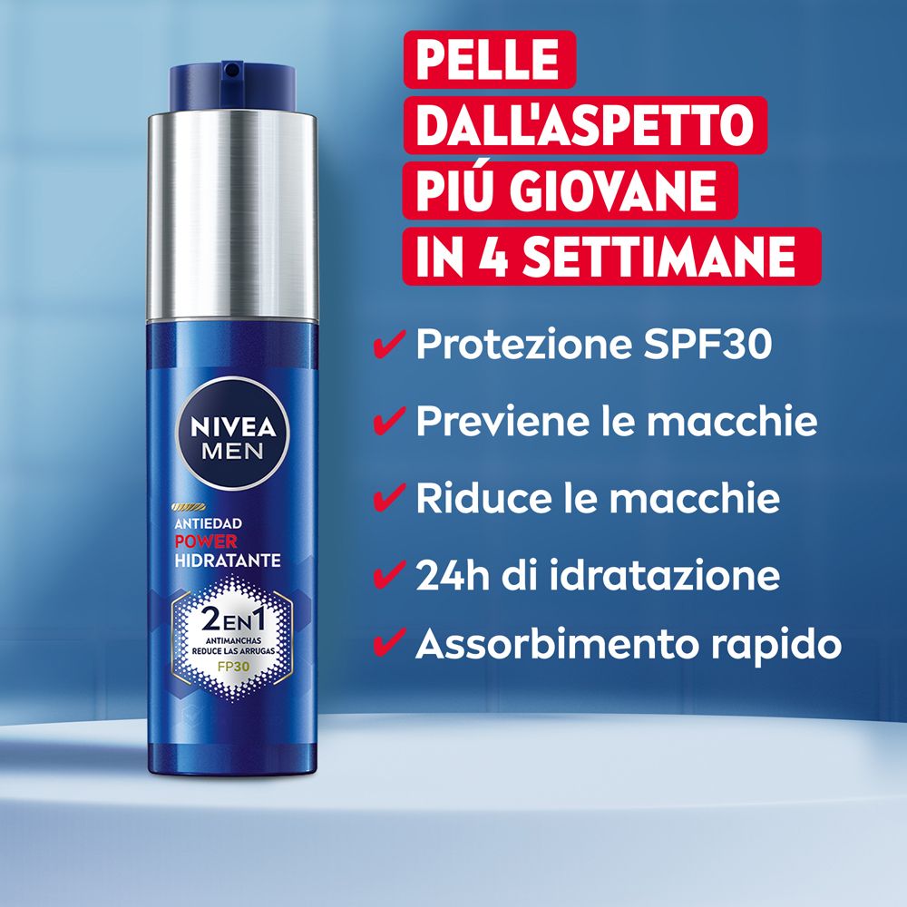 NIVEA MEN crema anti-età. Testo: Pelle più giovane in 4 settimane. Protezione SPF30, riduce le macchie.