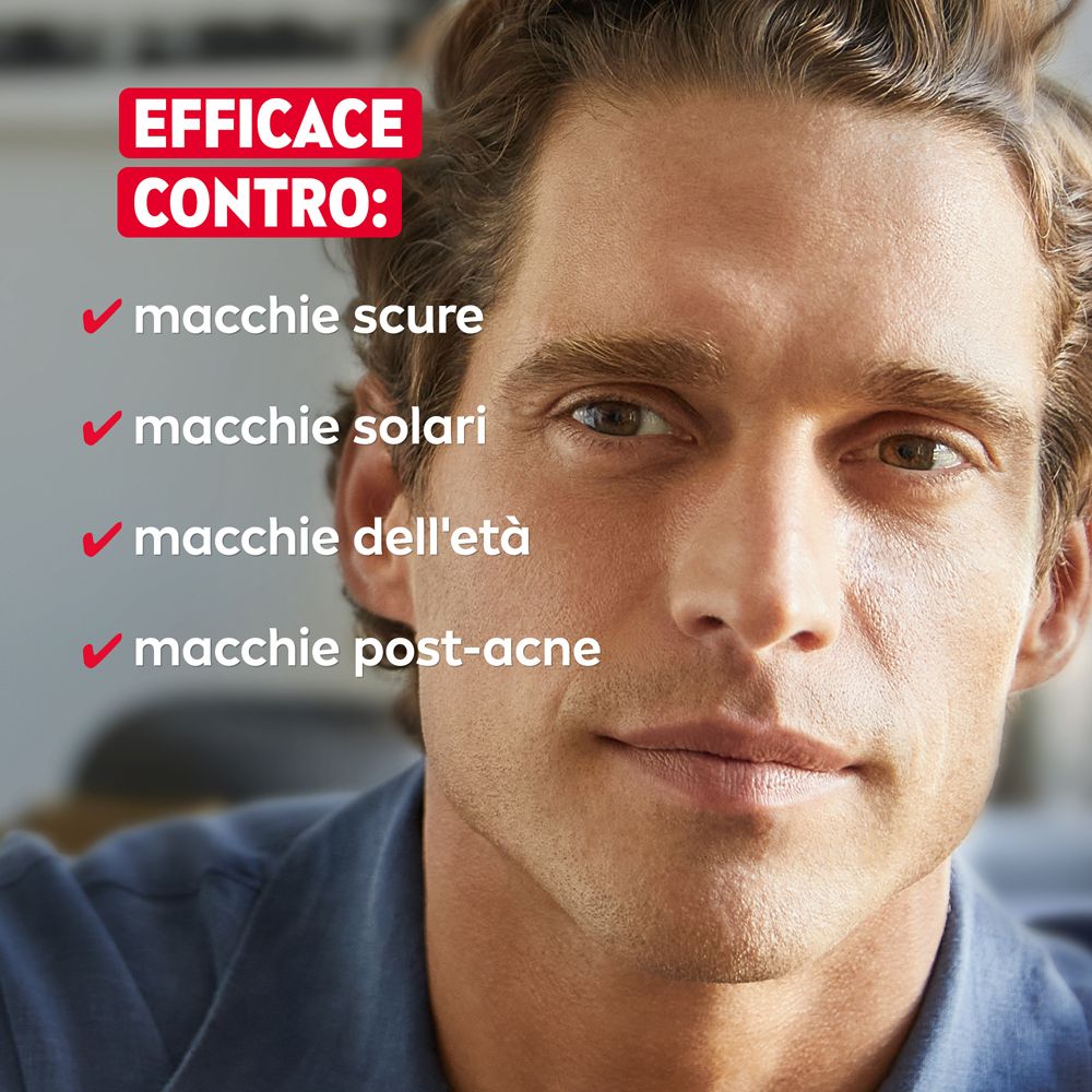 Uomo con pelle. Testo: Efficace contro macchie scure, solari, dell'età e post-acne.