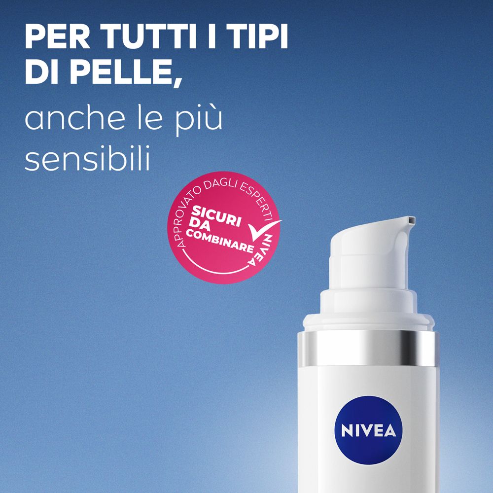 Flacone prodotto con logo Nivea. Testo: Per tutti i tipi di pelle, anche le più sensibili. Sigillo.