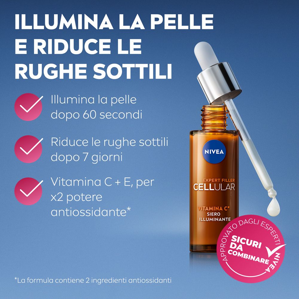 Nivea Cellular Expert Filler Siero Viso Vitamina C Illuminante 30 ml, antirughe e antiossidante
