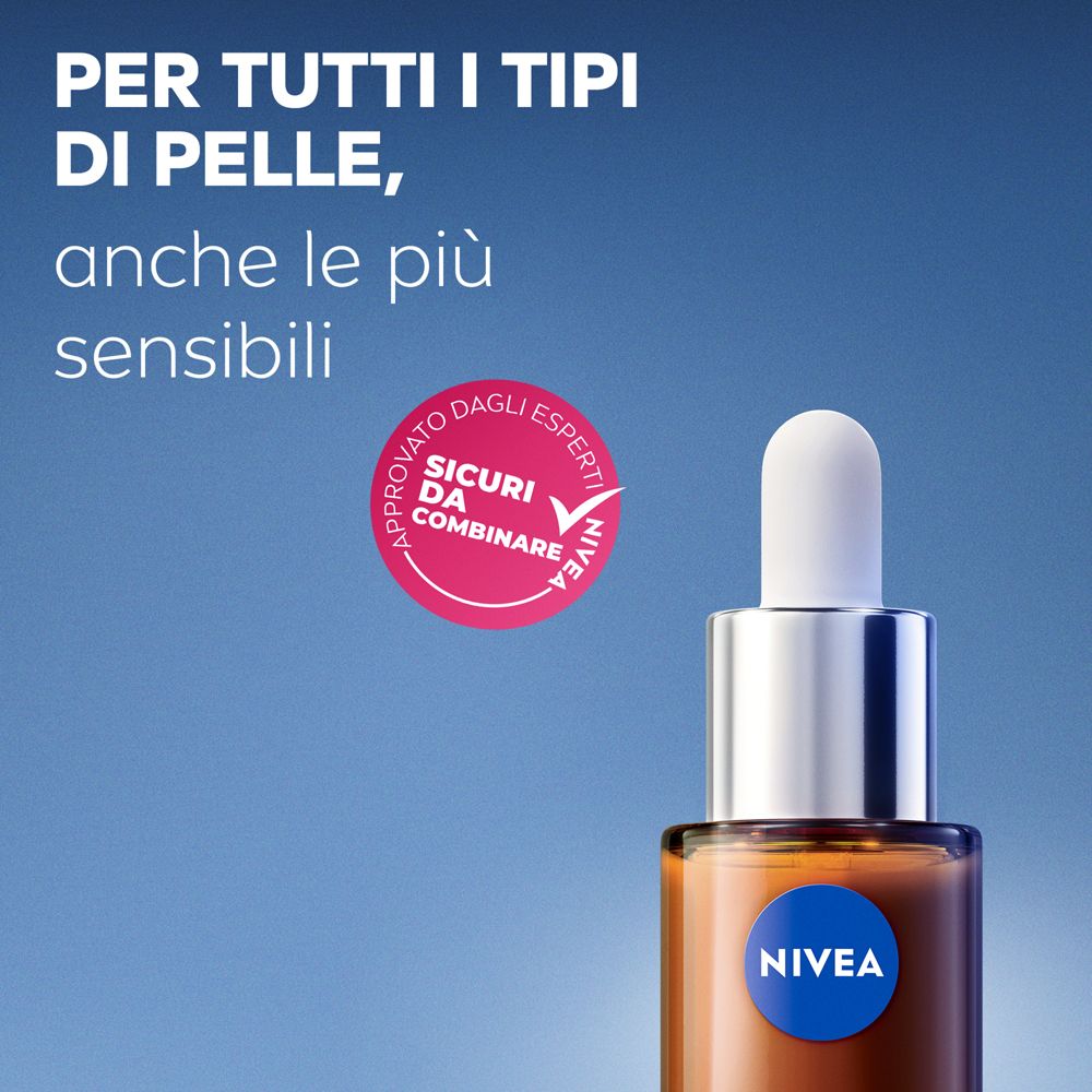 Flacone con pipetta. Testo: 'Per tutti i tipi di pelle, anche le più sensibili'.