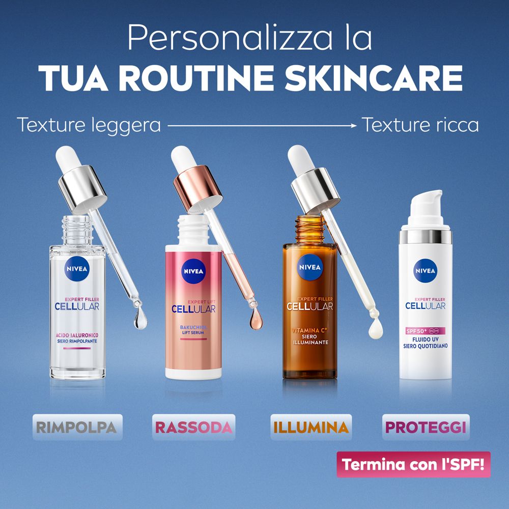 Quattro flaconi con pipette. Testo: 'Personalizza la tua routine skincare'.